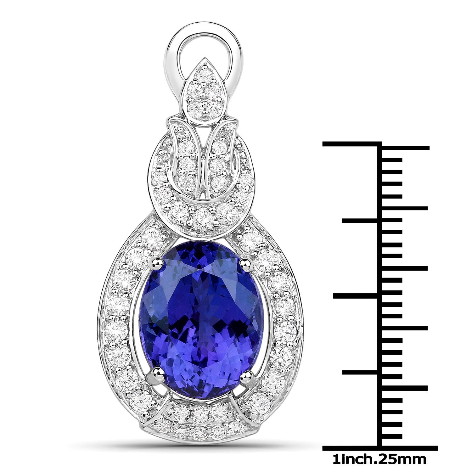 8.72 Carat Oval-shaped Tanzanite and 0.88 Carats White Diamond 18 Karat White Gold Pendant

Center Stone Details:
Stone: Tanzanite
Shape: Oval
Size: 13.70x10.70mm
Weight: 8.72 carat

Diamond Details:
Shape: Round Brilliant (43)
Carat Weight: 0.88