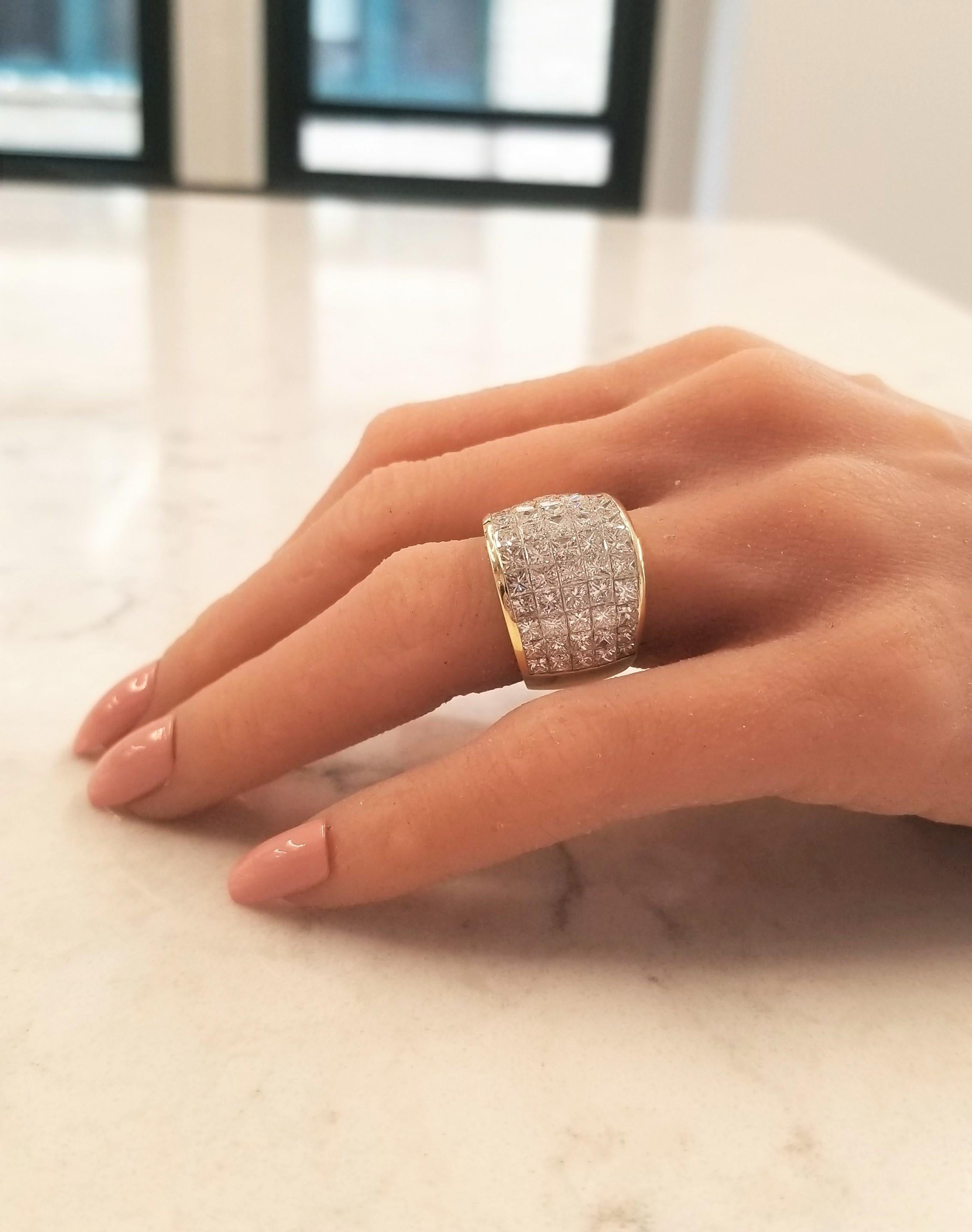 Diamonds for days! This extraordinary ring features five rows of sizzling invisible set diamonds. It sets your style ablaze with sparkle and a luxurious piece of jewelry. Truly, no eye will be able to resist indulging in a peek at this incredible