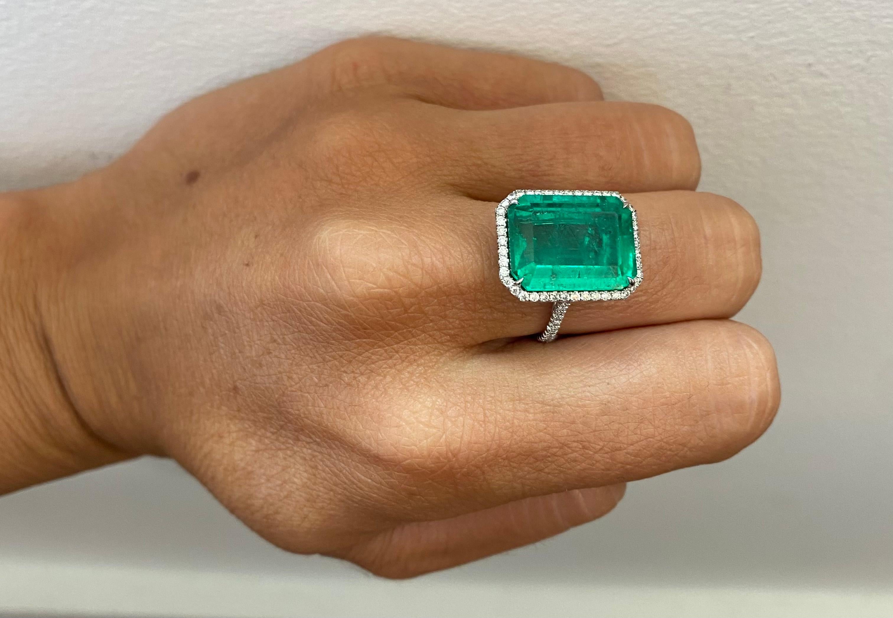Emerald Cut 8.72 Ct. Certified Colombian Emerald and Diamond Ring For Sale