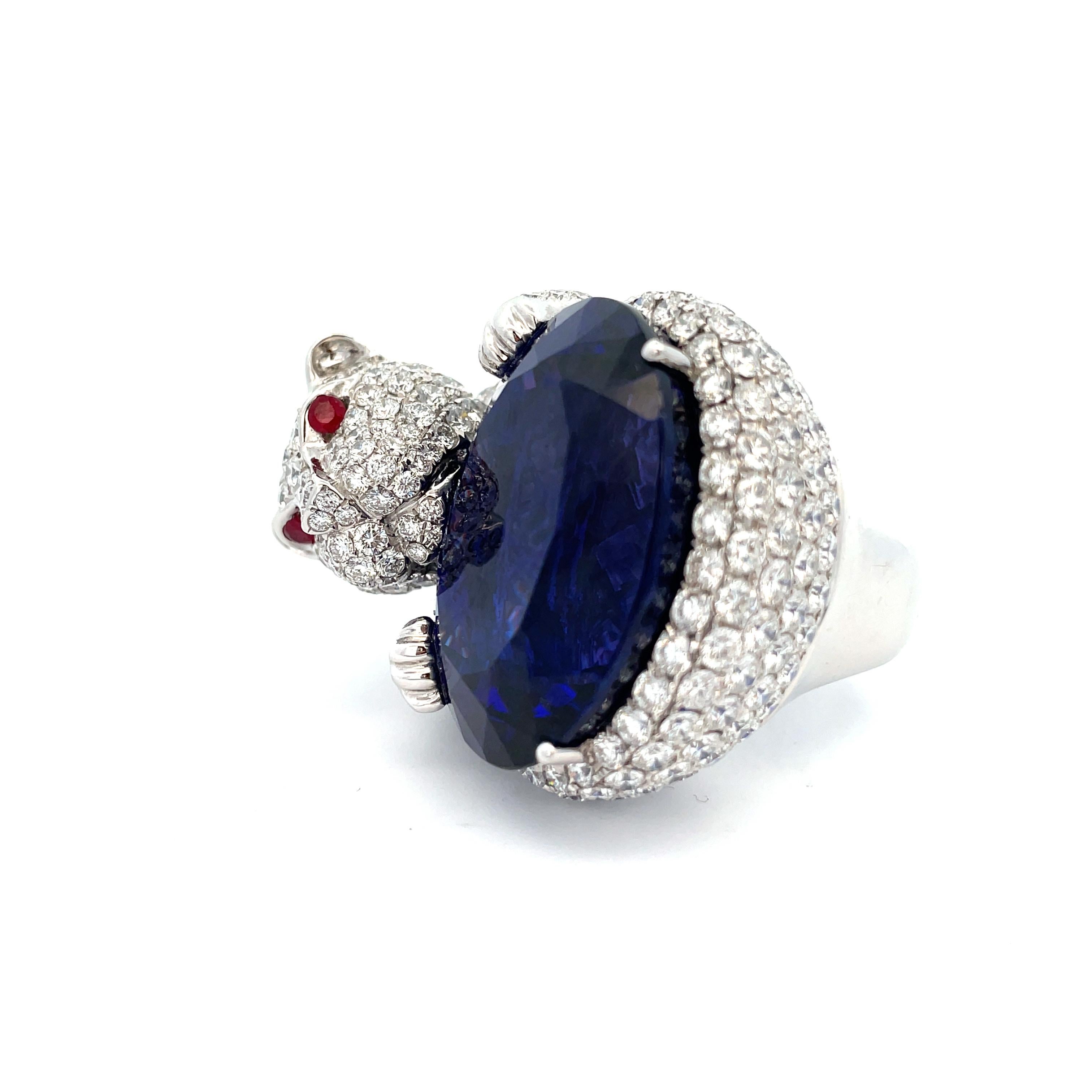 Oval Cut 87.2 ct Tanzanite Oval & 17.34 ctw Ruby & Diamond Round 18K White Gold Ring Size For Sale