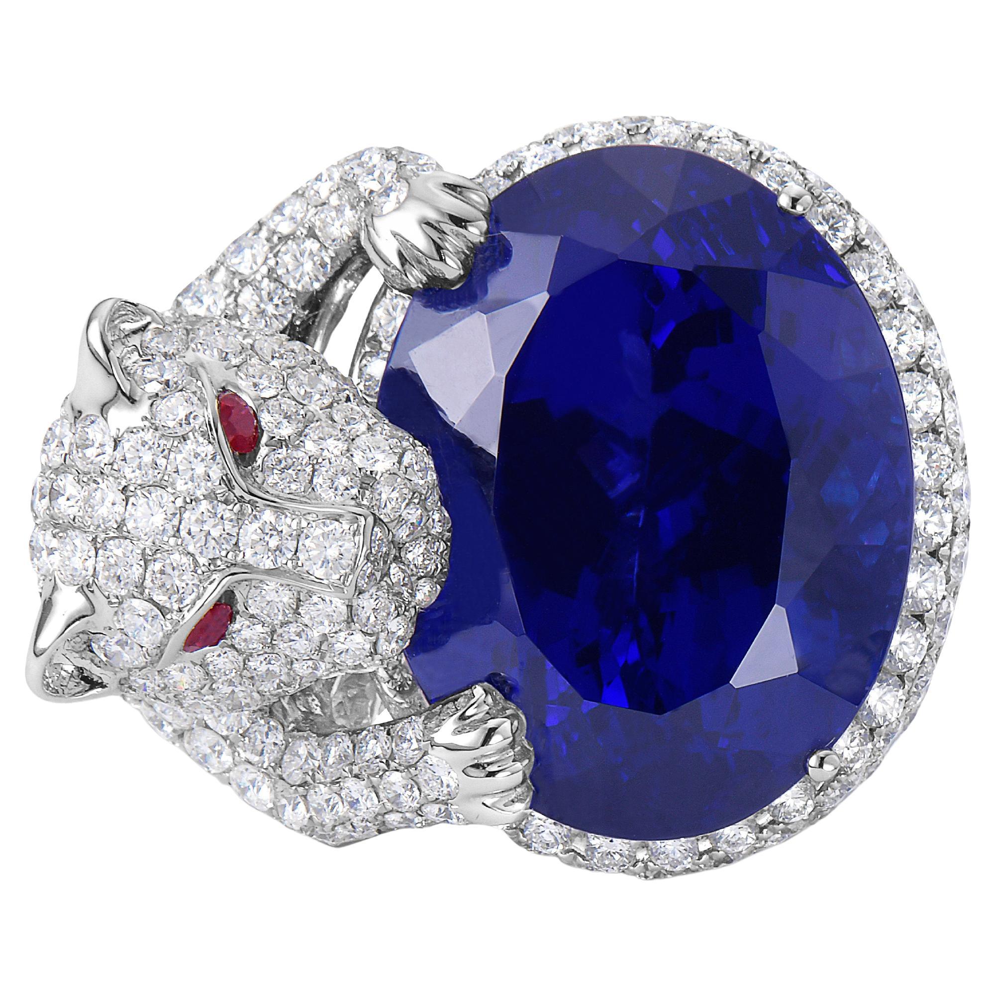 87.2 ct Tanzanite Oval & 17.34 ctw Ruby & Diamond Round 18K White Gold Ring Size For Sale