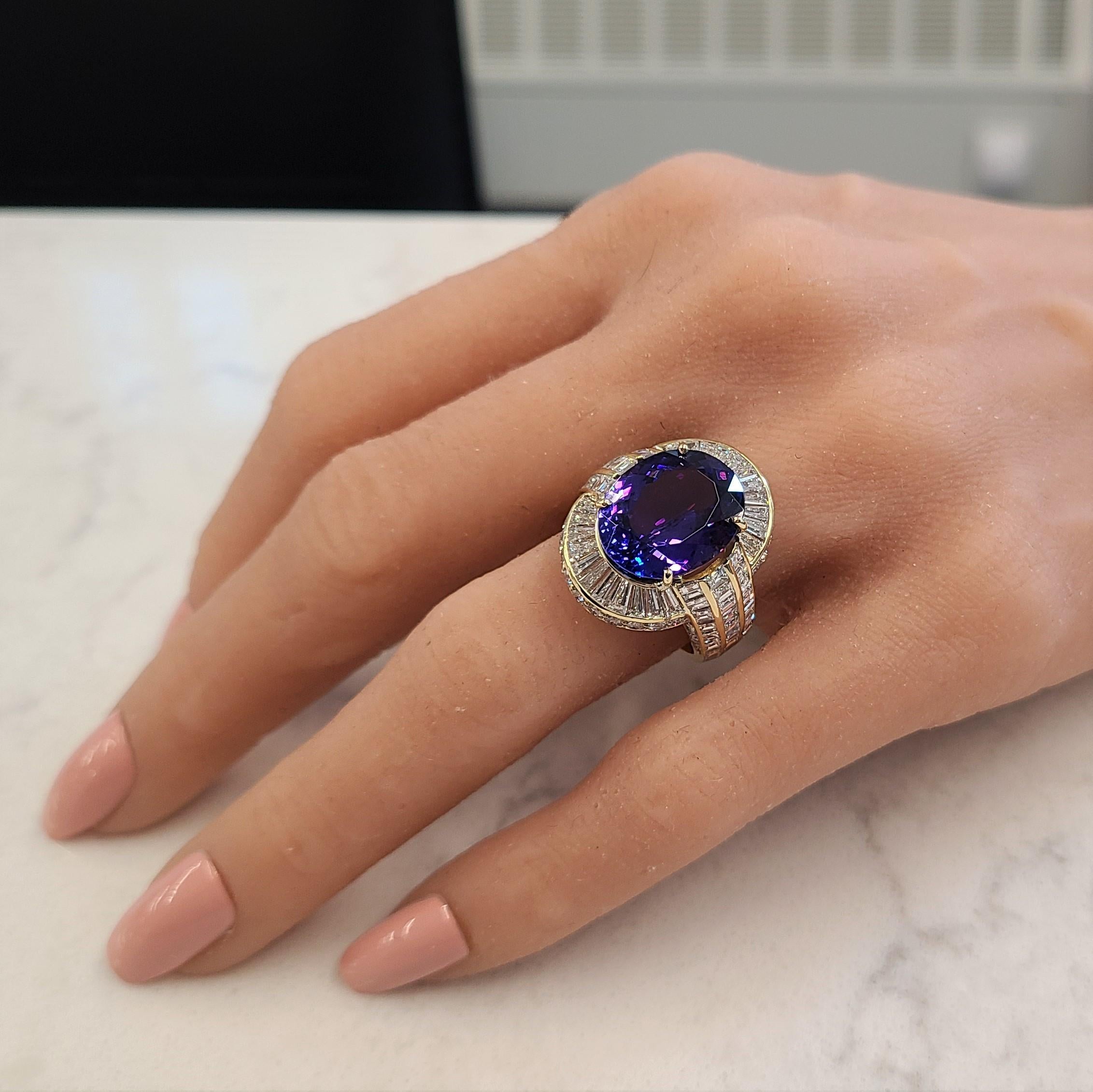 Oval Cut 8.73 Carat Oval Tanzanite & Diamond Cocktail Ring in 18k Yellow Gold