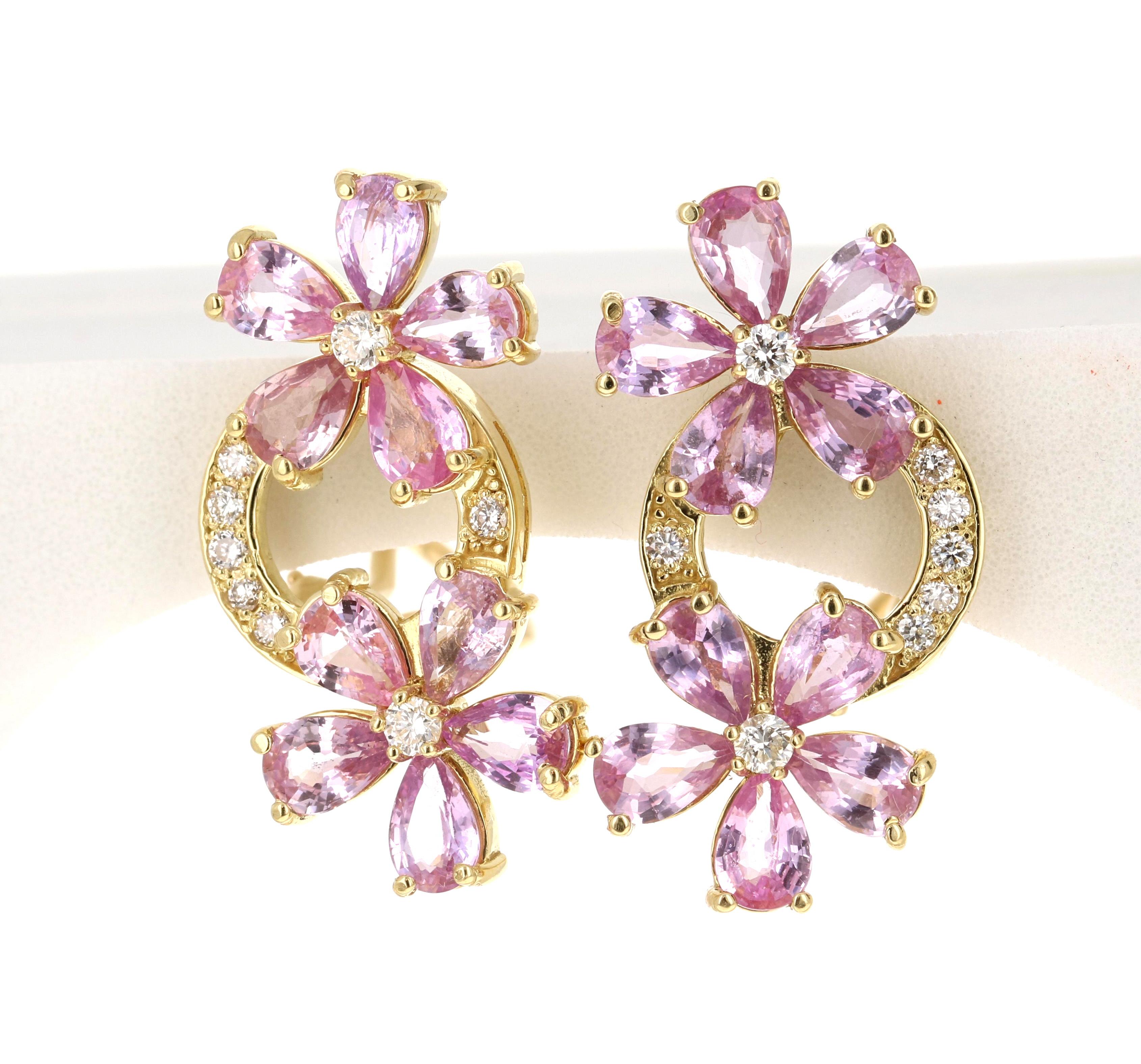 Contemporary 8.73 Carat Pink Sapphire Diamond 18 Karat Yellow Gold Earrings