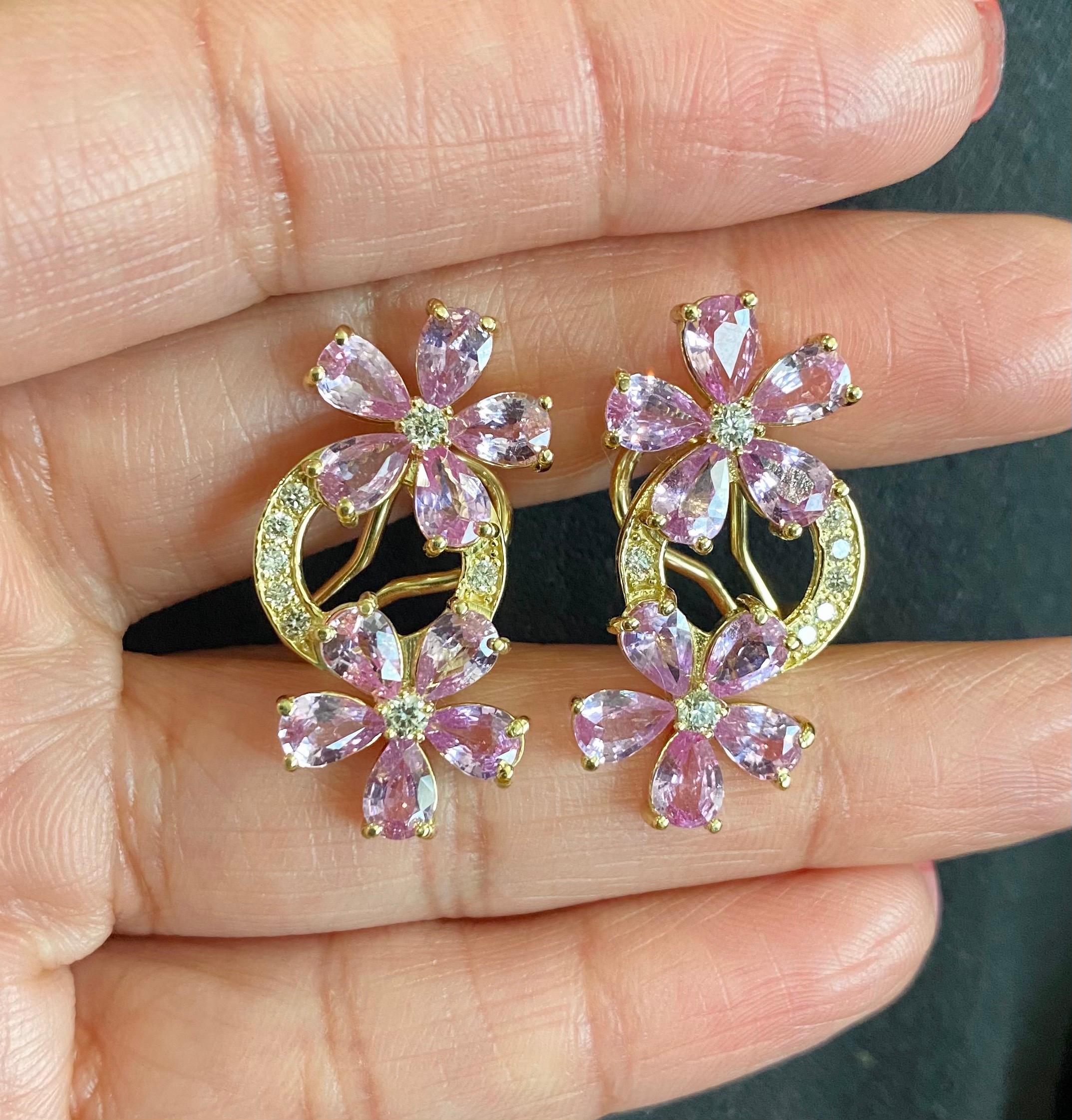 Pear Cut 8.73 Carat Pink Sapphire Diamond 18 Karat Yellow Gold Earrings