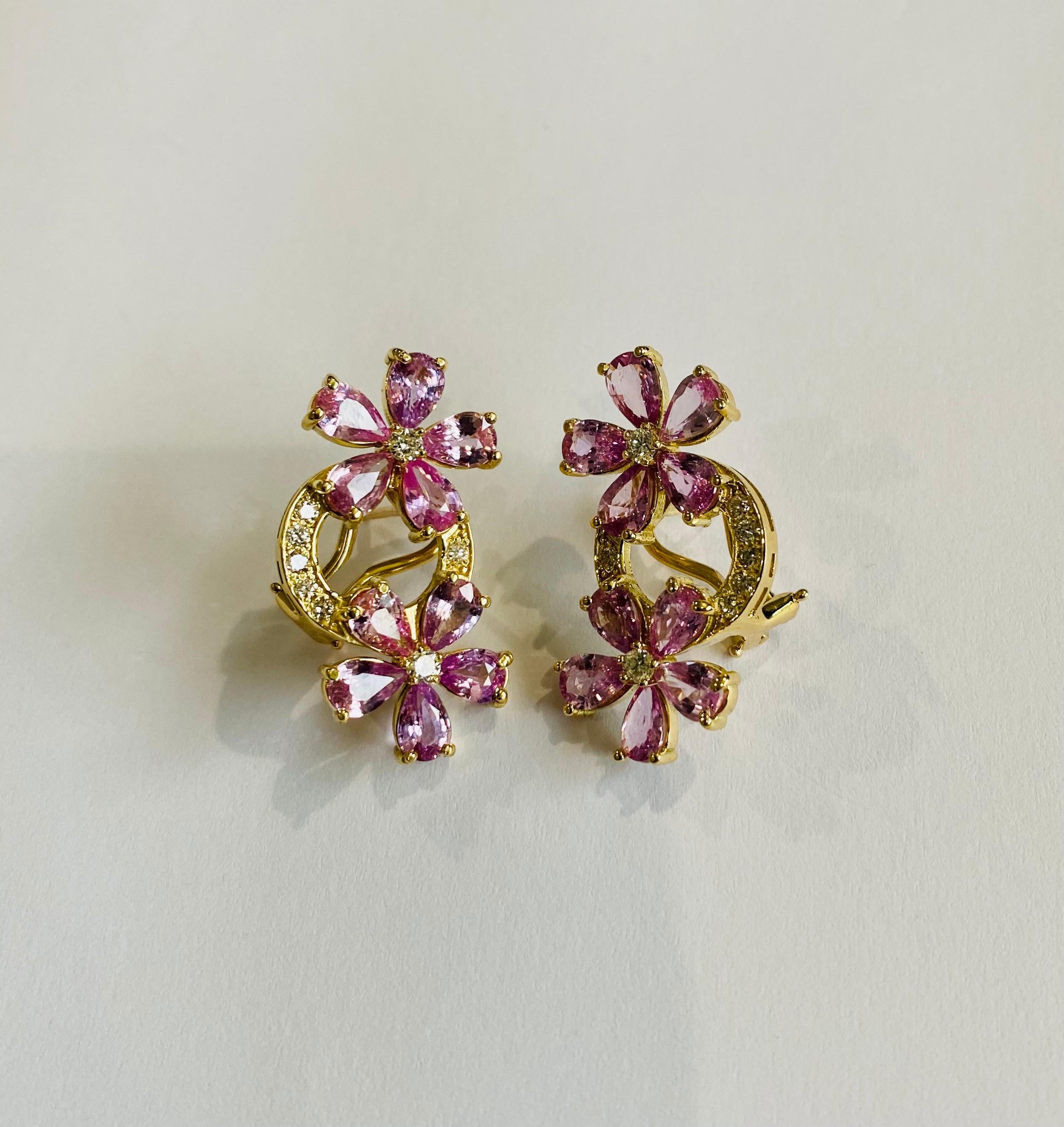 Women's 8.73 Carat Pink Sapphire Diamond 18 Karat Yellow Gold Earrings