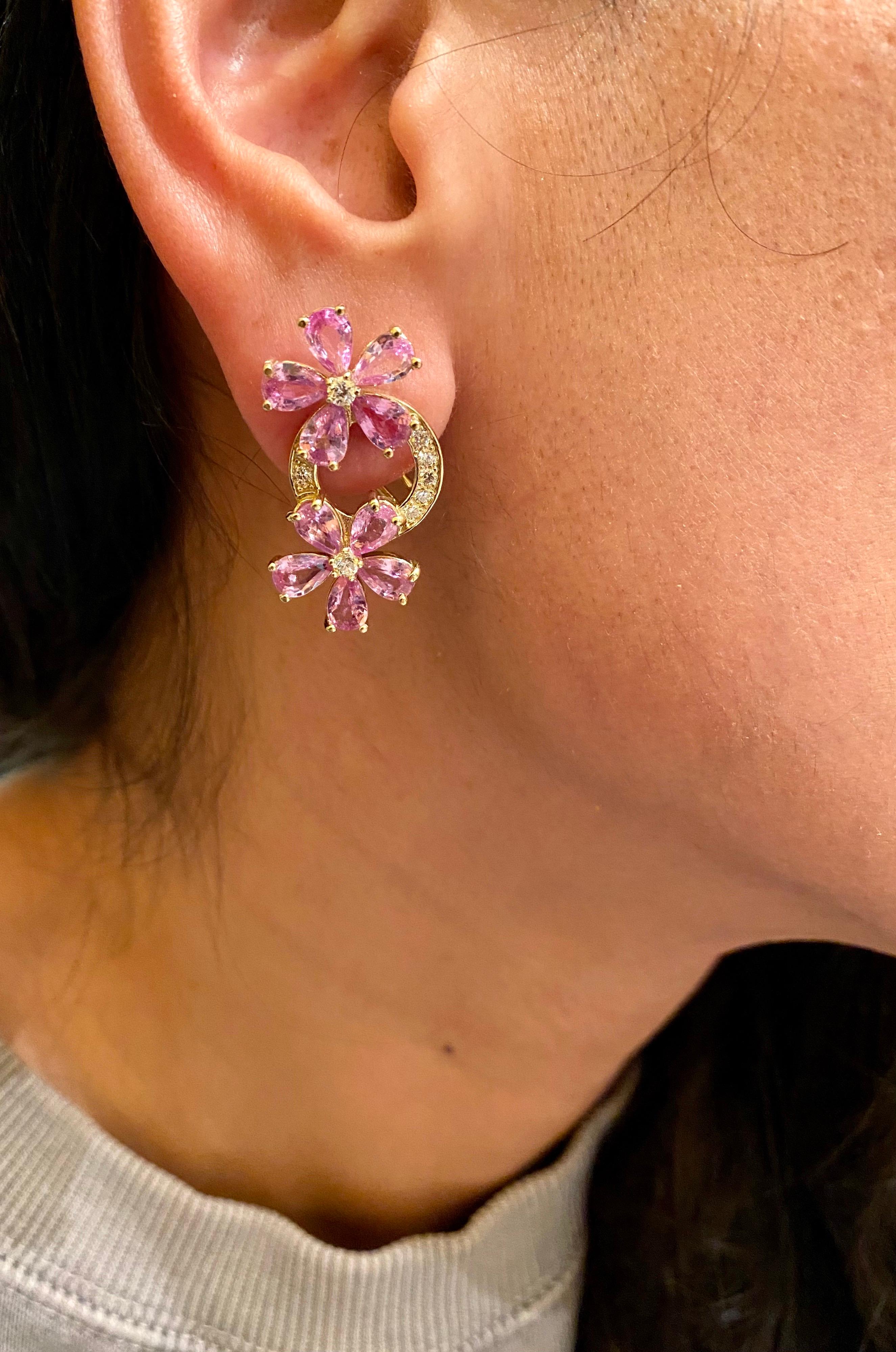 8.73 Carat Pink Sapphire Diamond 18 Karat Yellow Gold Earrings 2