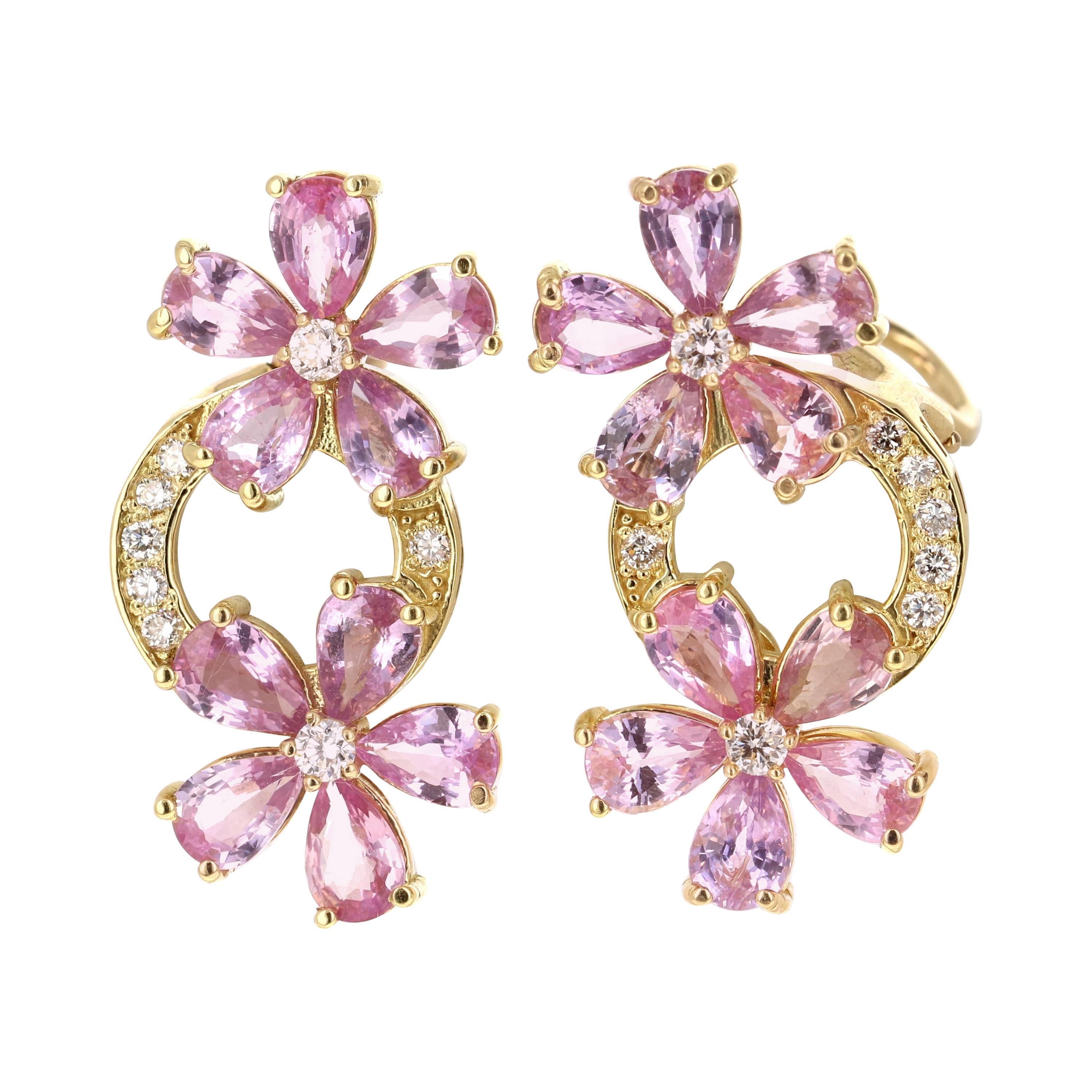 8.73 Carat Pink Sapphire Diamond 18 Karat Yellow Gold Earrings
