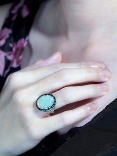 8.73 Ct. Opal Emerald and Diamond Art Deco Style Cocktail Ring in 18K White Gold