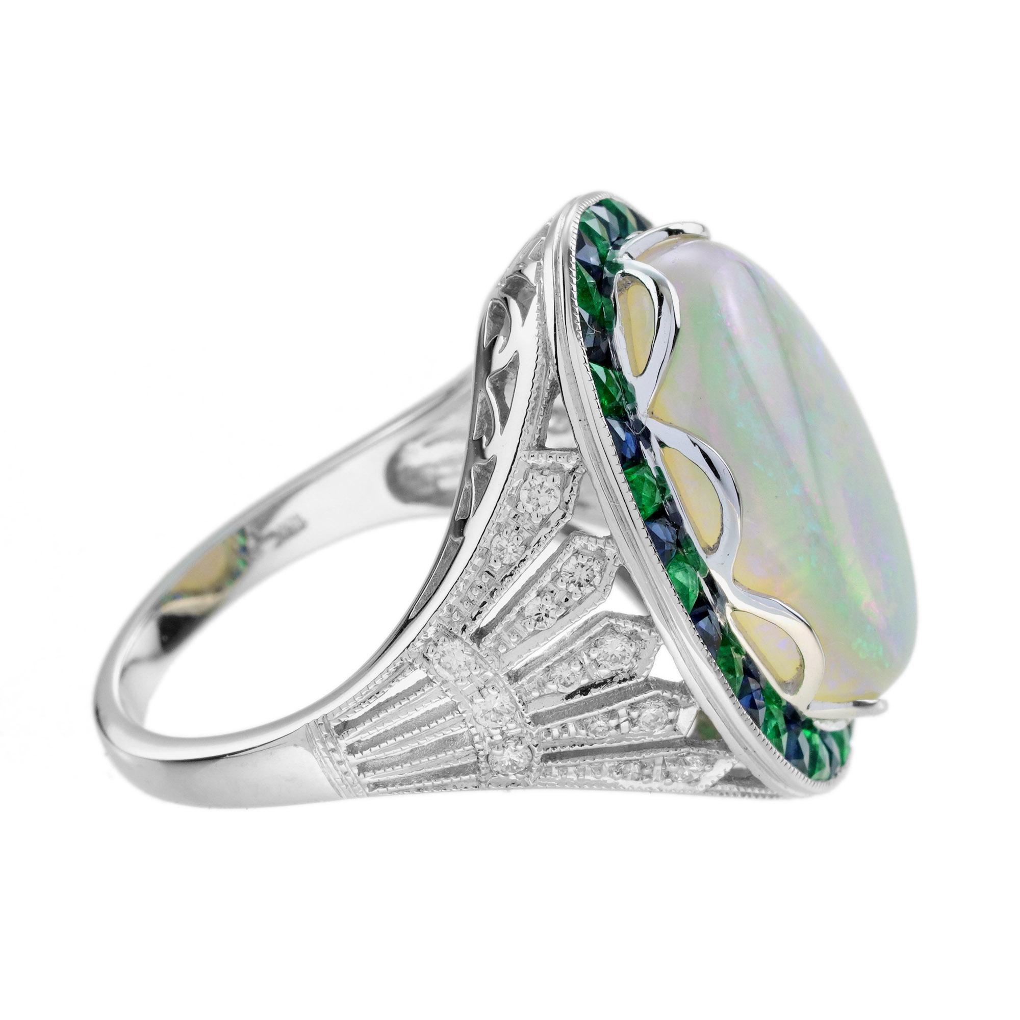 8.73 Ct. Opal Emerald and Diamond Art Deco Style Cocktail Ring in 18K White Gold (Art déco) im Angebot