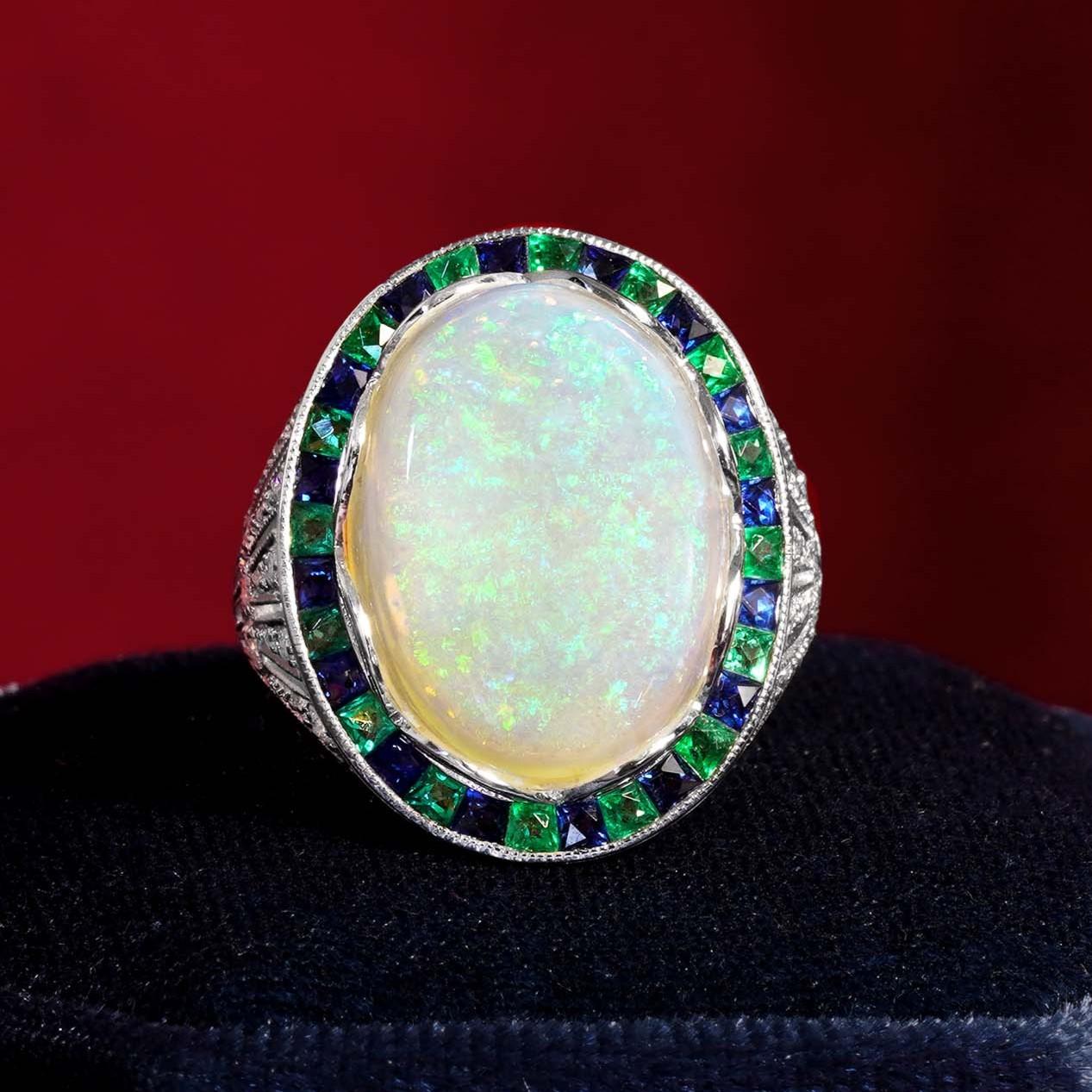 Oval Cut 8.73 Ct. Opal Emerald and Diamond Art Deco Style Cocktail Ring in 18K White Gold For Sale