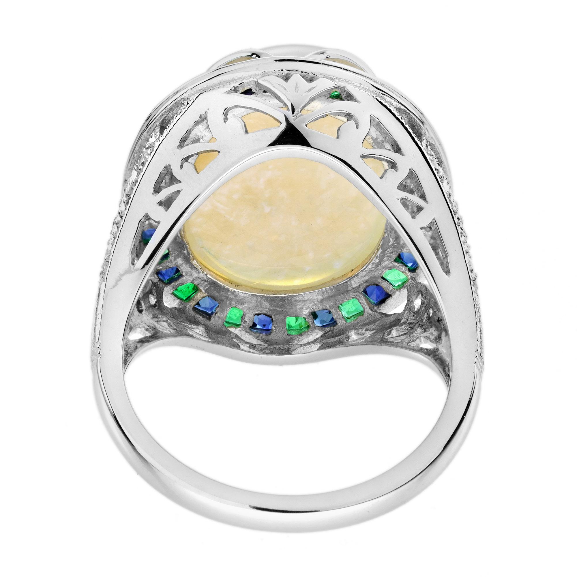 8.73 Ct. Opal Emerald and Diamond Art Deco Style Cocktail Ring in 18K White Gold (Ovalschliff) im Angebot