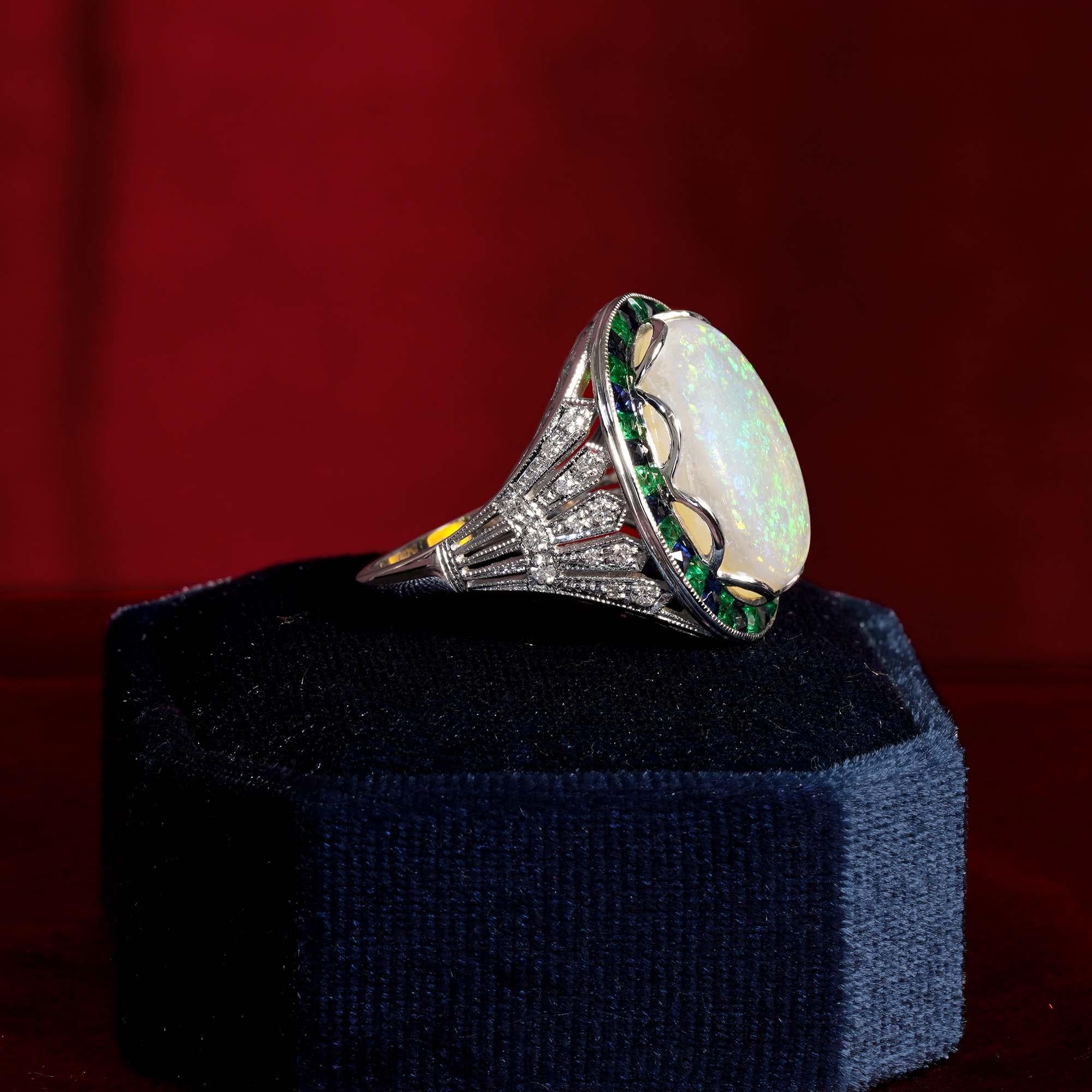 8.73 Ct. Opal Emerald and Diamond Art Deco Style Cocktail Ring in 18K White Gold In New Condition For Sale In Bangkok, TH