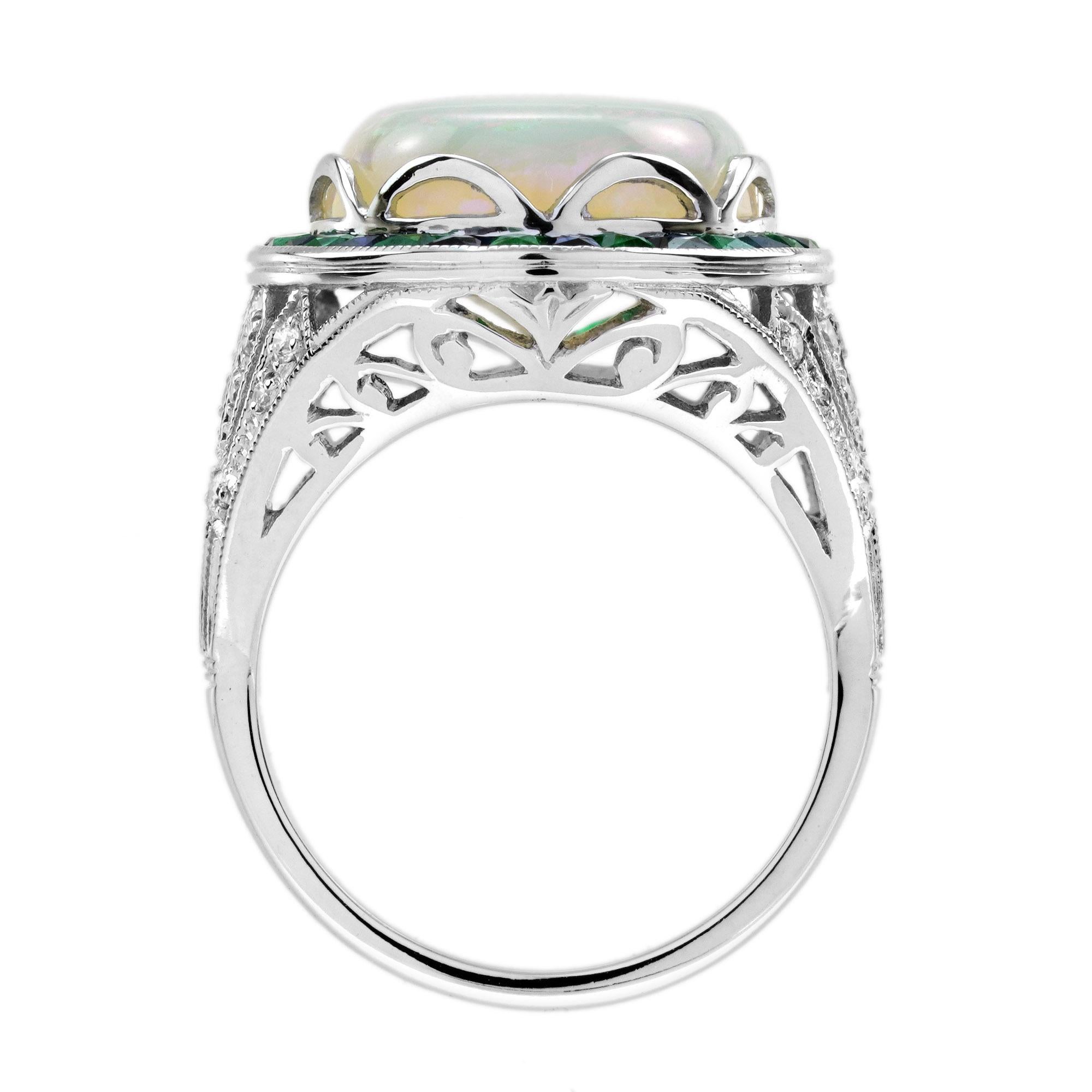 8.73 Ct. Opal Emerald and Diamond Art Deco Style Cocktail Ring in 18K White Gold im Zustand „Neu“ im Angebot in Bangkok, TH