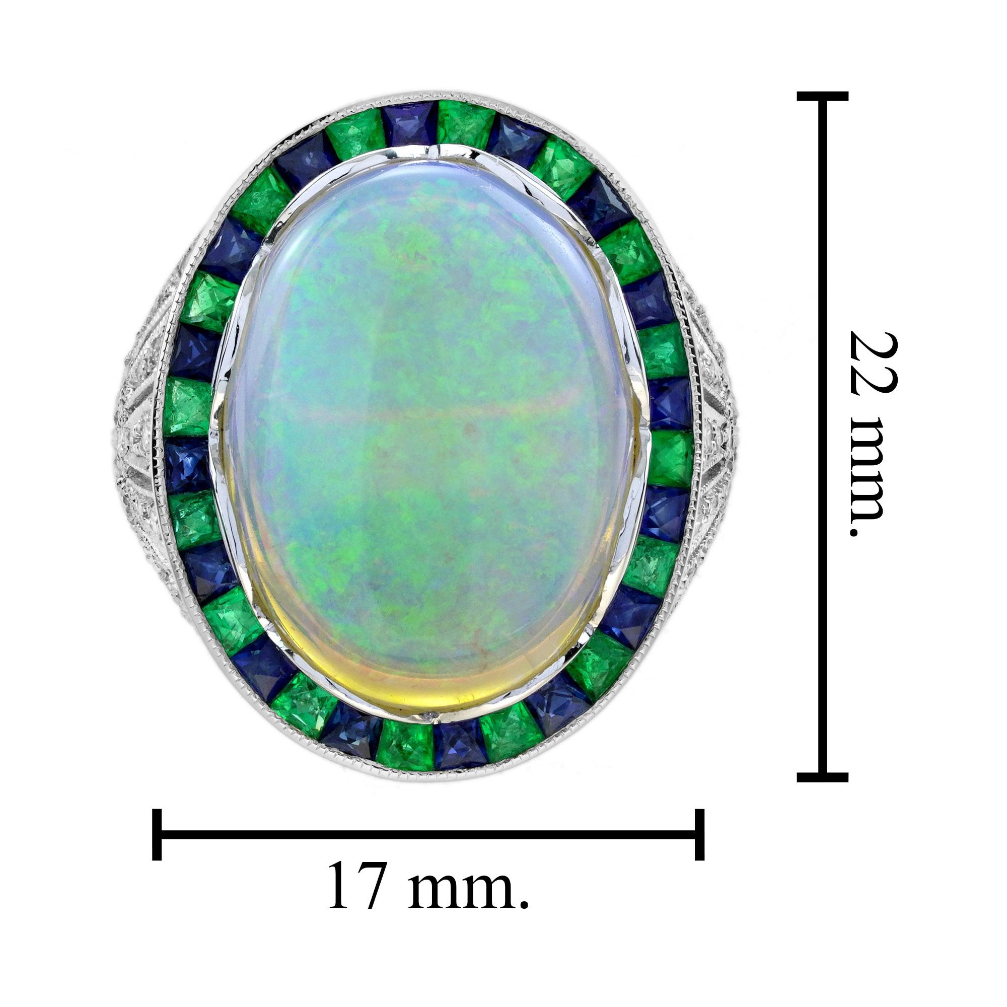 8.73 Ct. Opal Emerald and Diamond Art Deco Style Cocktail Ring in 18K White Gold Damen im Angebot