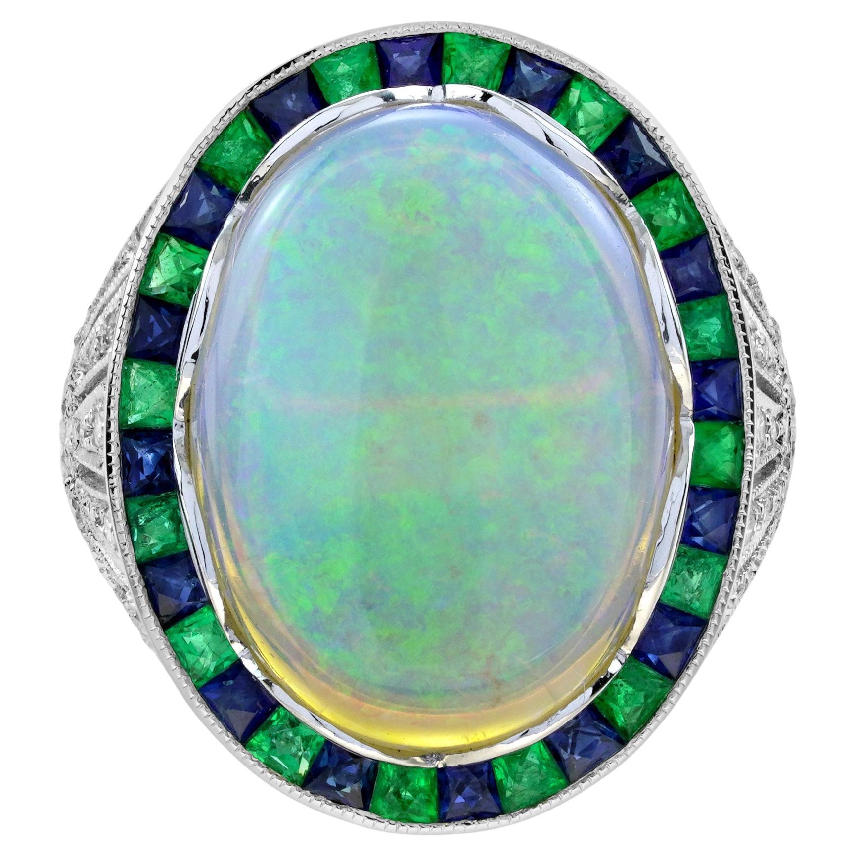 8.73 Ct. Opal Emerald and Diamond Art Deco Style Cocktail Ring in 18K White Gold