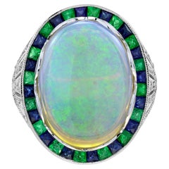 8.73 Ct. Opal Emerald and Diamond Art Deco Style Cocktail Ring in 18K White Gold