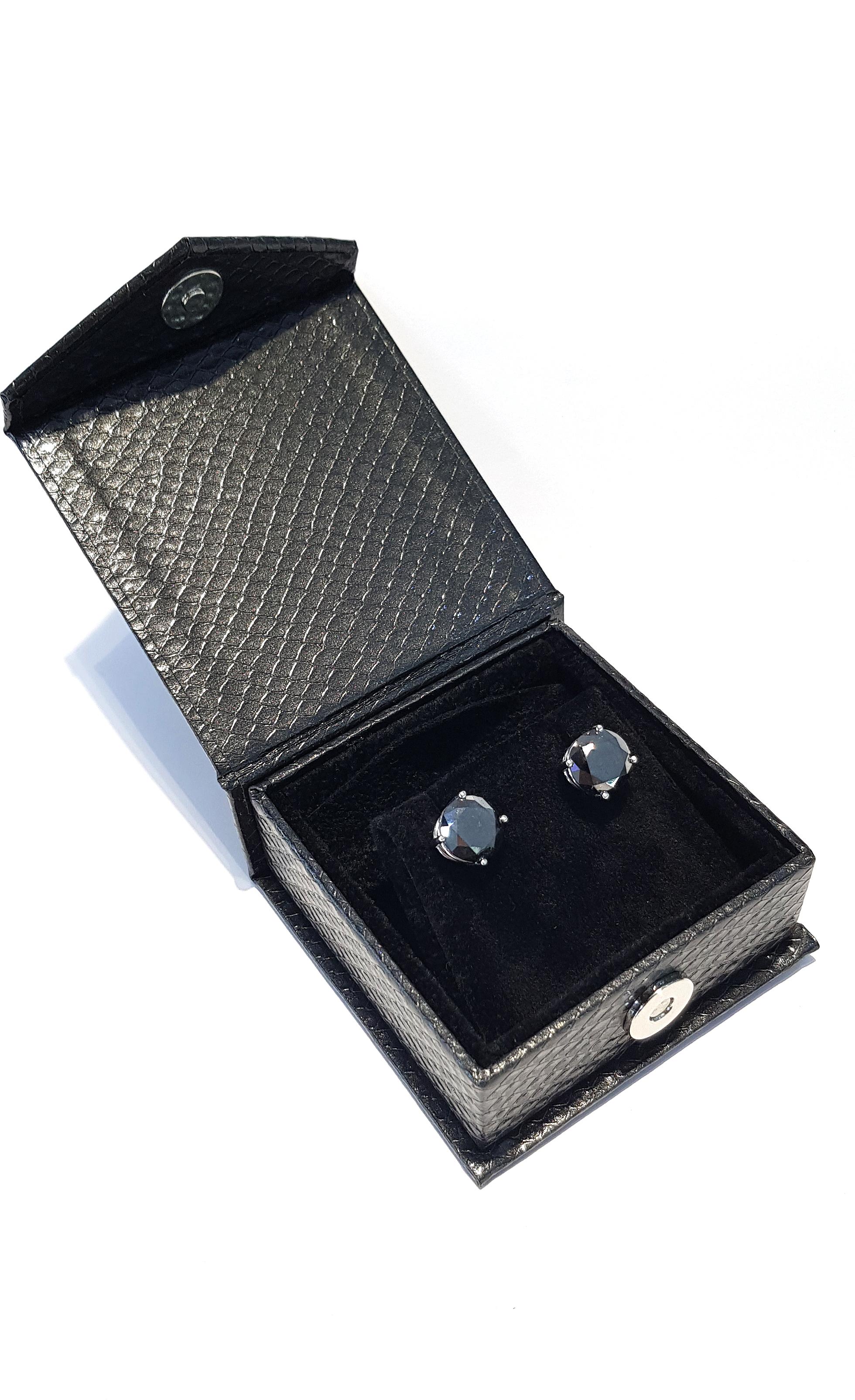 8.74 Carat Black Diamond 18 Karat White Gold Solitaire Stud Earrings For Sale 3
