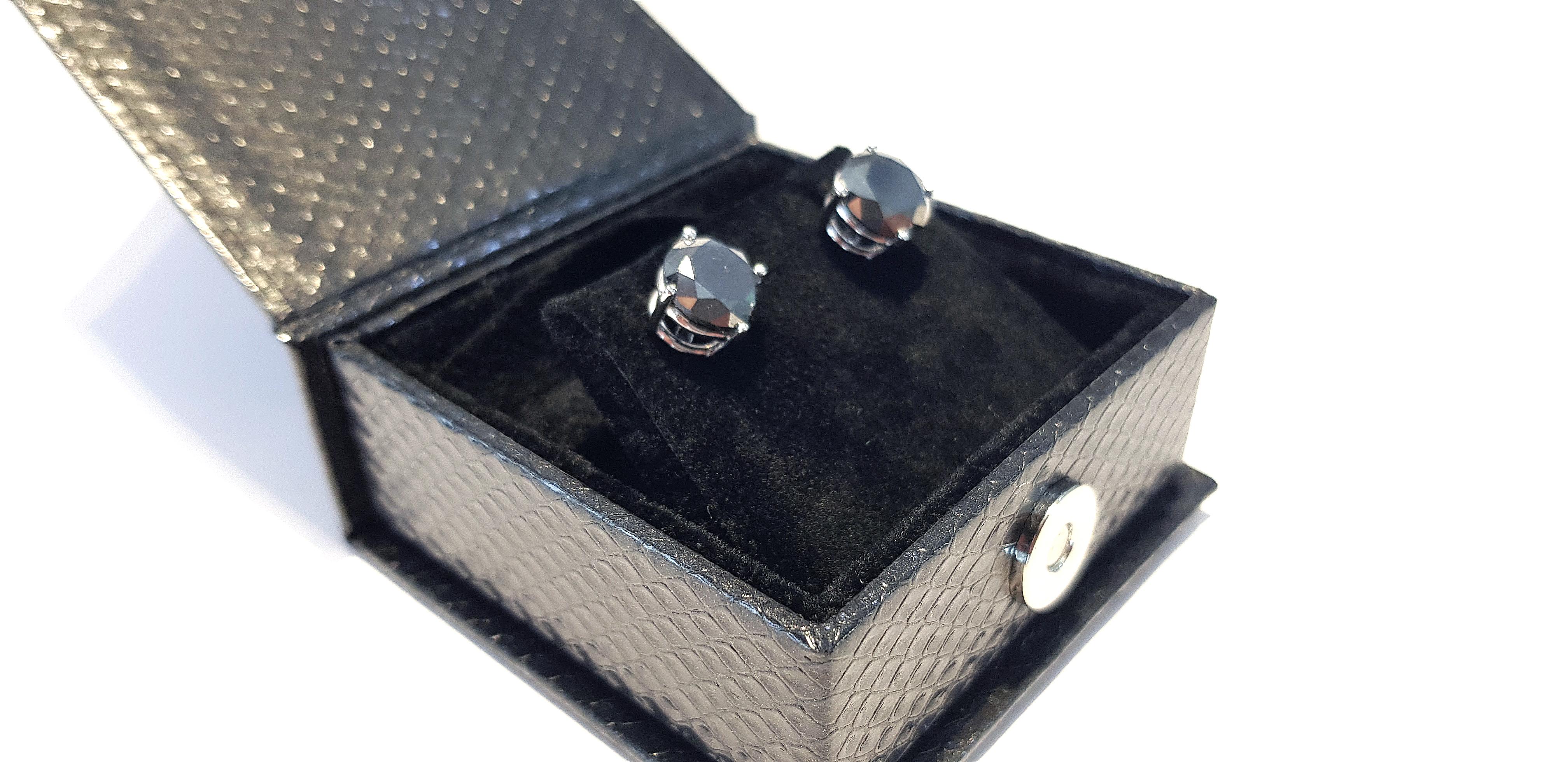 8.74 Carat Black Diamond 18 Karat White Gold Solitaire Stud Earrings For Sale 4