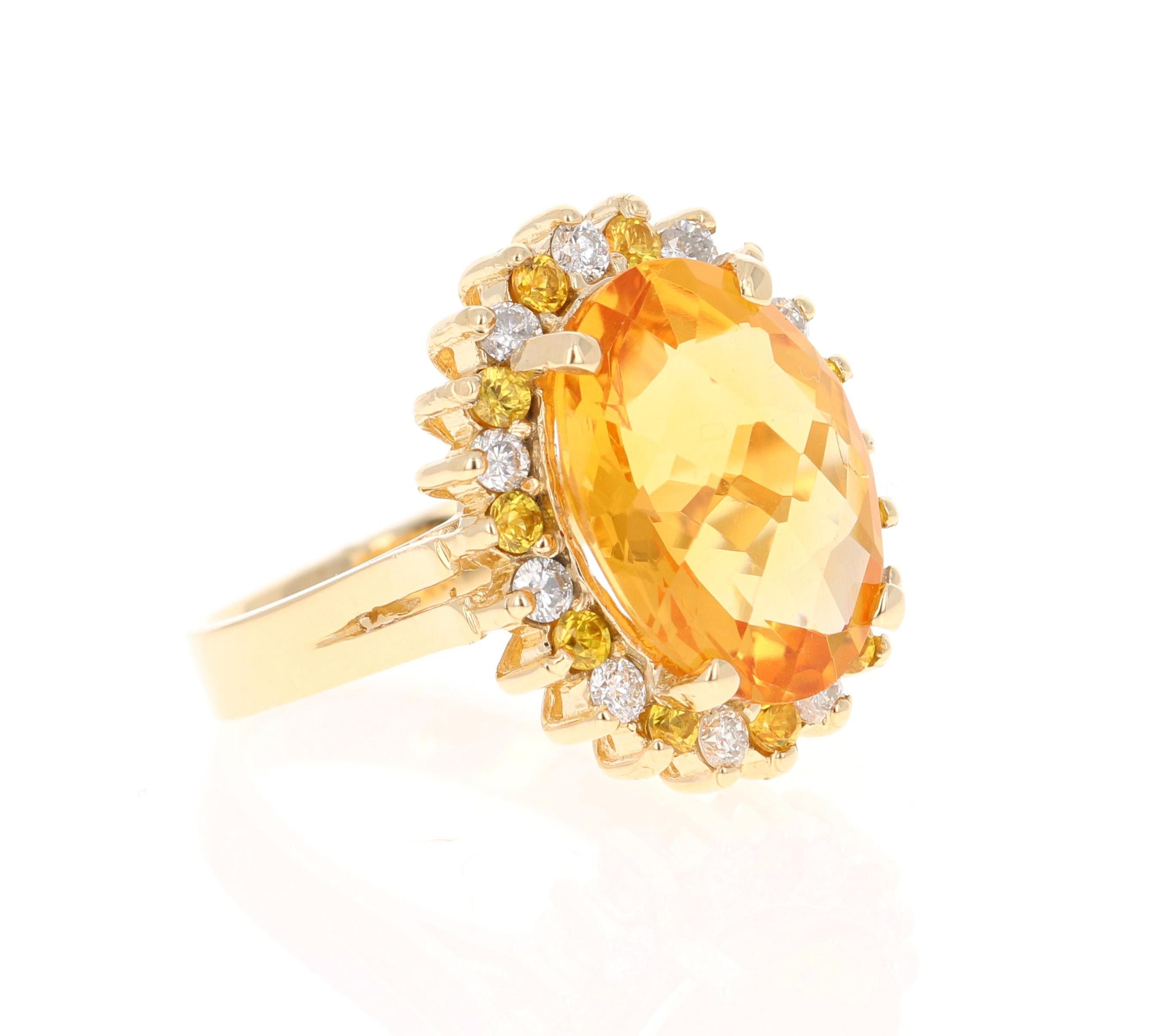 This beautiful ring has a bright and large Citrine that weighs 7.68 Carats. It is surrounded by a halo of alternating 11 Natural Yellow Sapphires and 11 Round Cut Natural Diamonds that weigh 0.51 carats. (Clarity: SI1, Color: F) The total carat