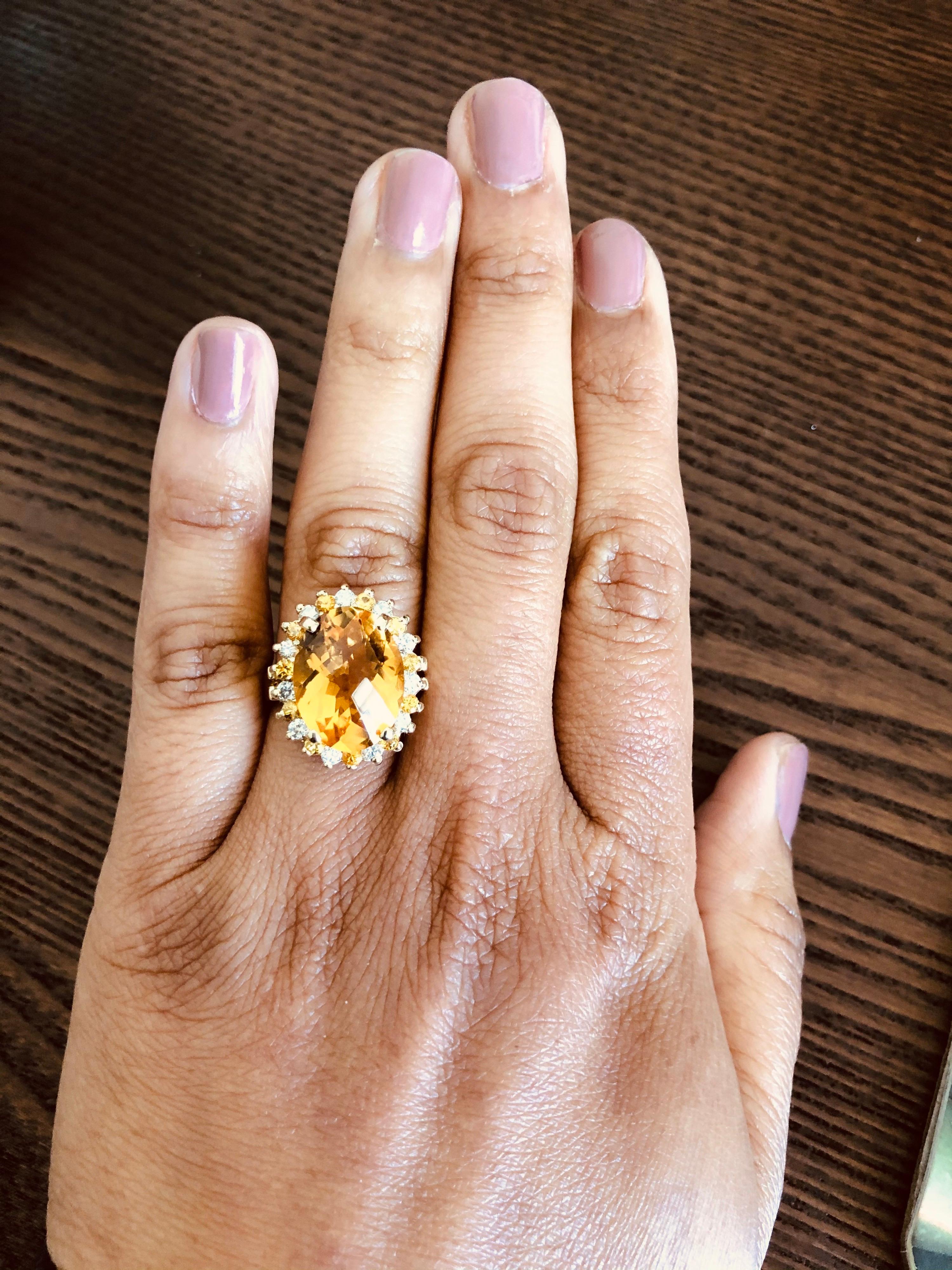 8.74 Carat Citrine Diamond Yellow Gold Cocktail Ring In New Condition For Sale In Los Angeles, CA