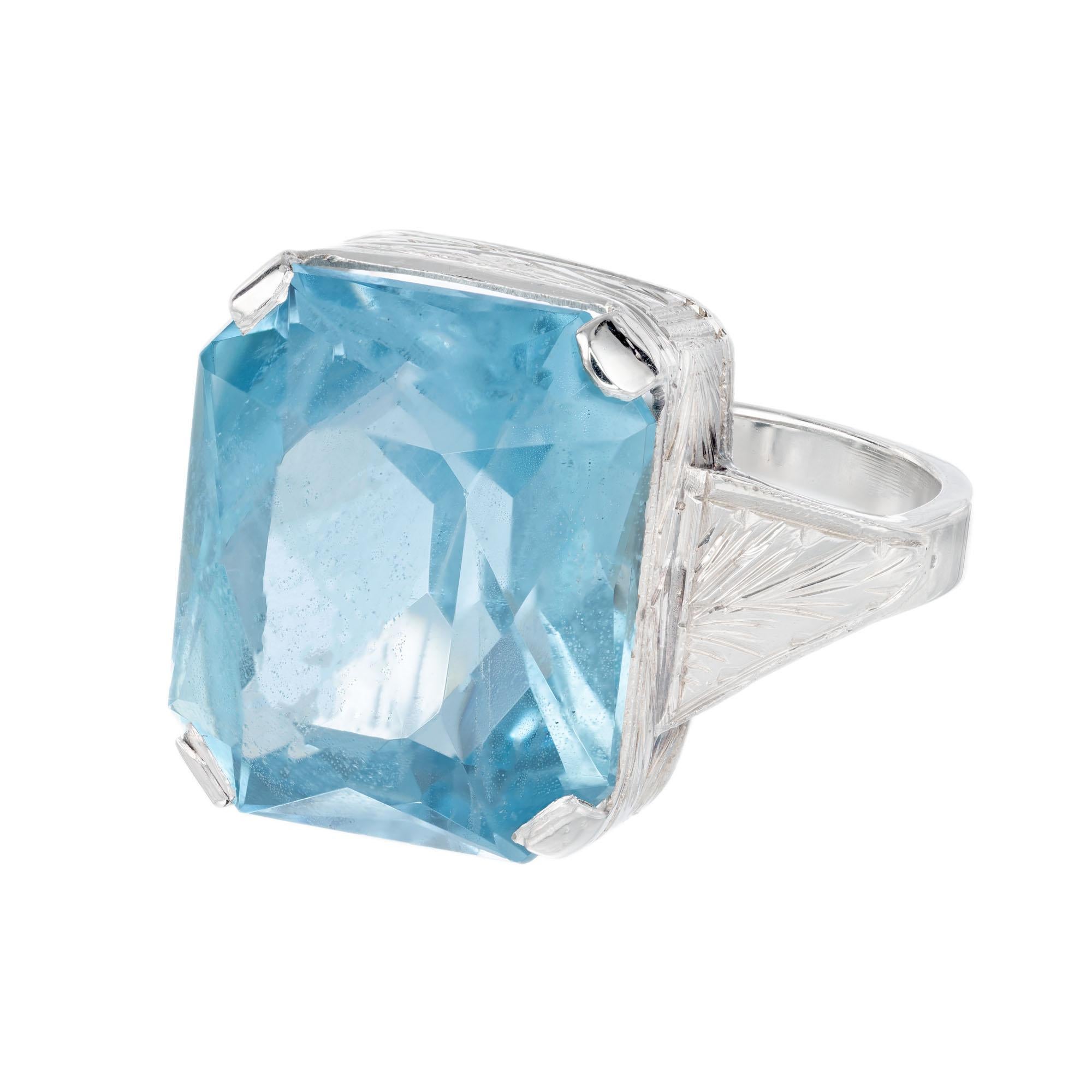 8.75 Carat Emerald Cut Natural Aqua White Gold Art Deco Cocktail Ring In Good Condition For Sale In Stamford, CT