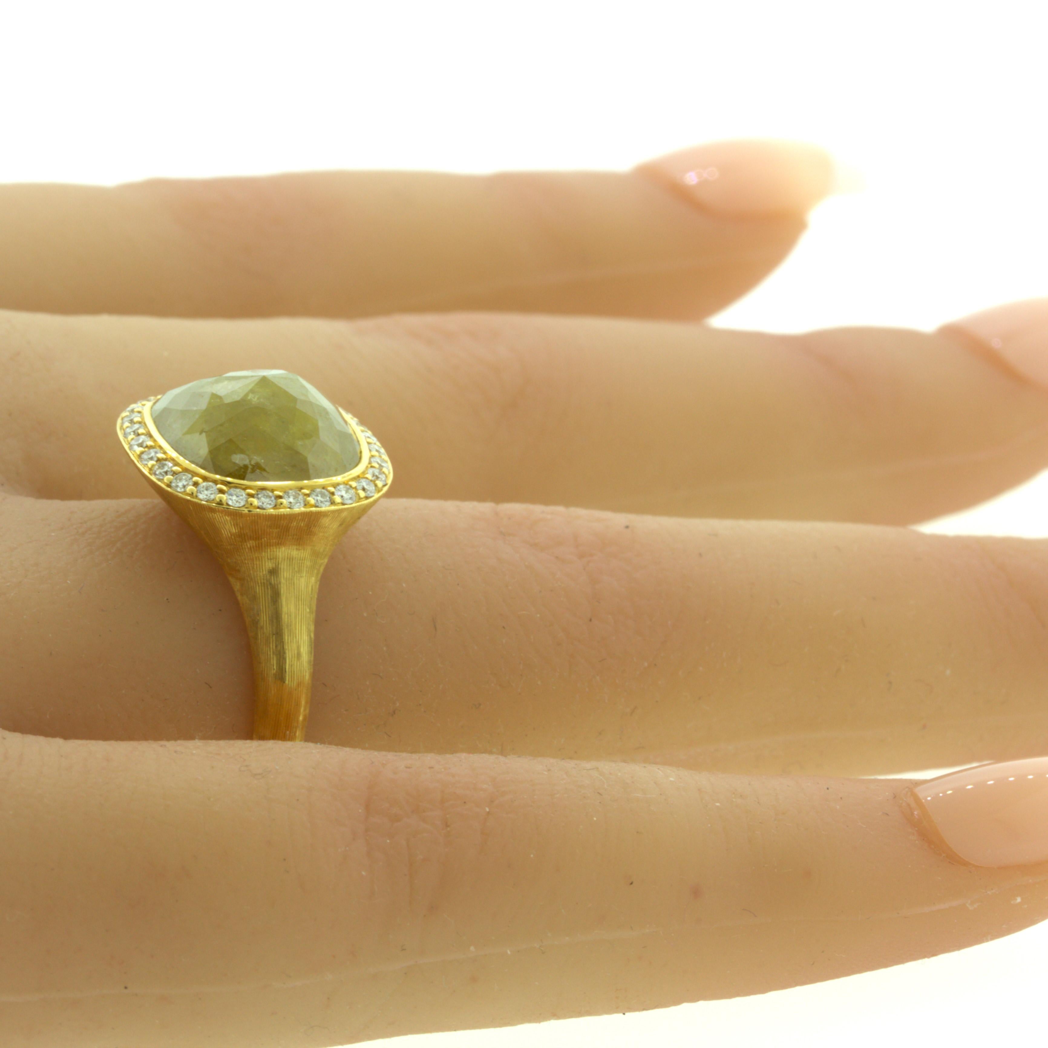 8.75 Carat Fancy Yellow Rose-cut Diamond Halo 18k Yellow Gold Ring For Sale 5
