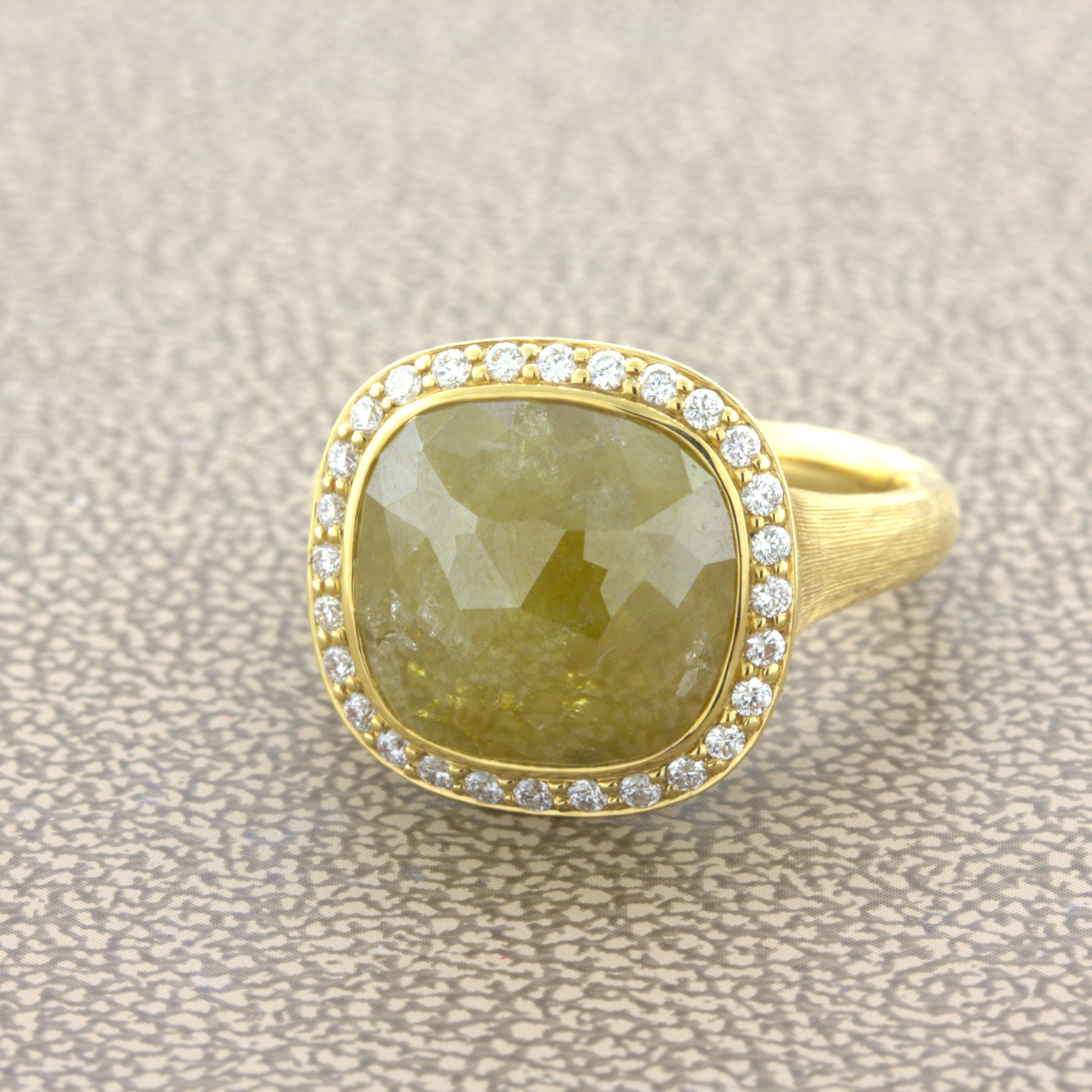 8.75 Carat Fancy Yellow Rose-cut Diamond Halo 18k Yellow Gold Ring In New Condition For Sale In Beverly Hills, CA