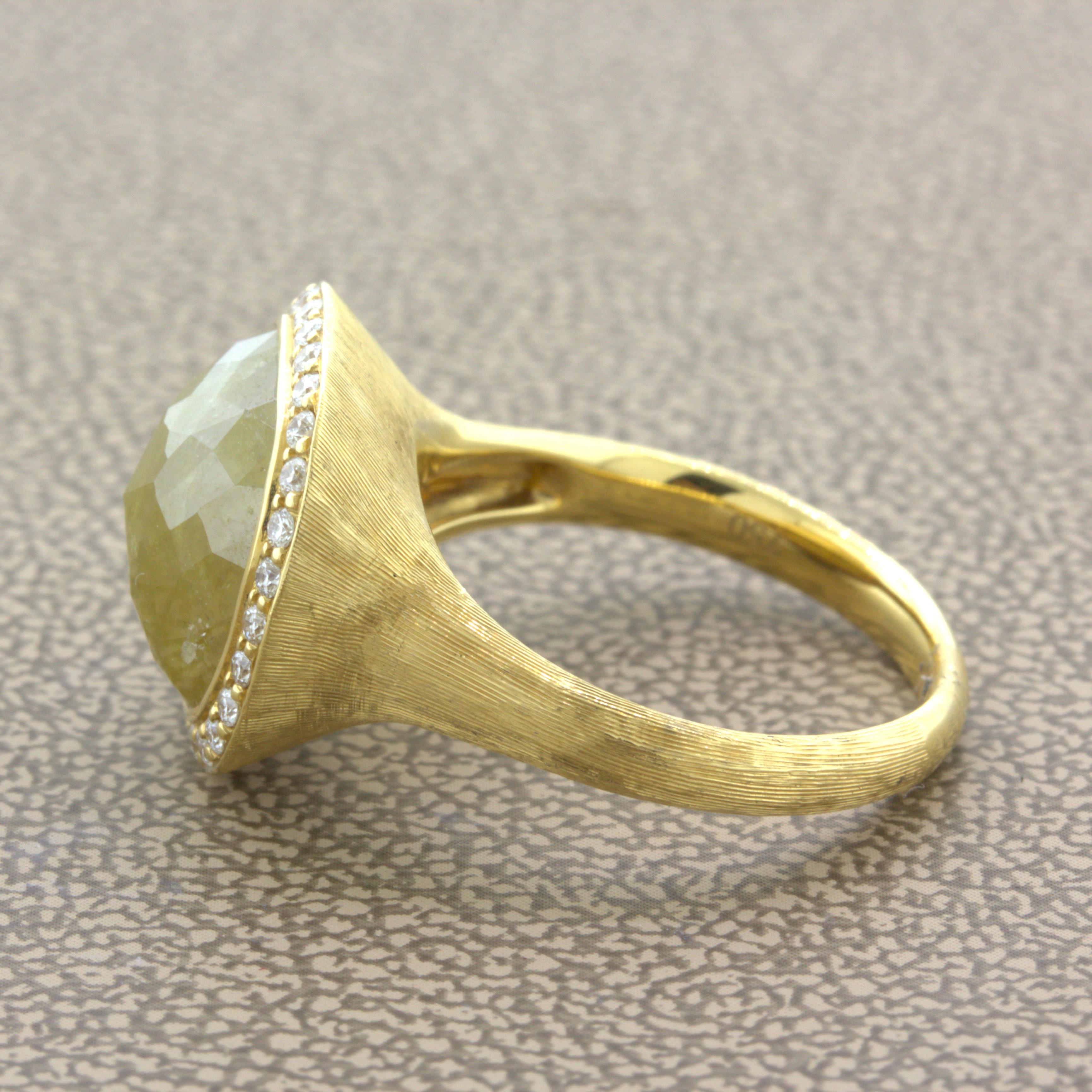 Women's or Men's 8.75 Carat Fancy Yellow Rose-cut Diamond Halo 18k Yellow Gold Ring For Sale