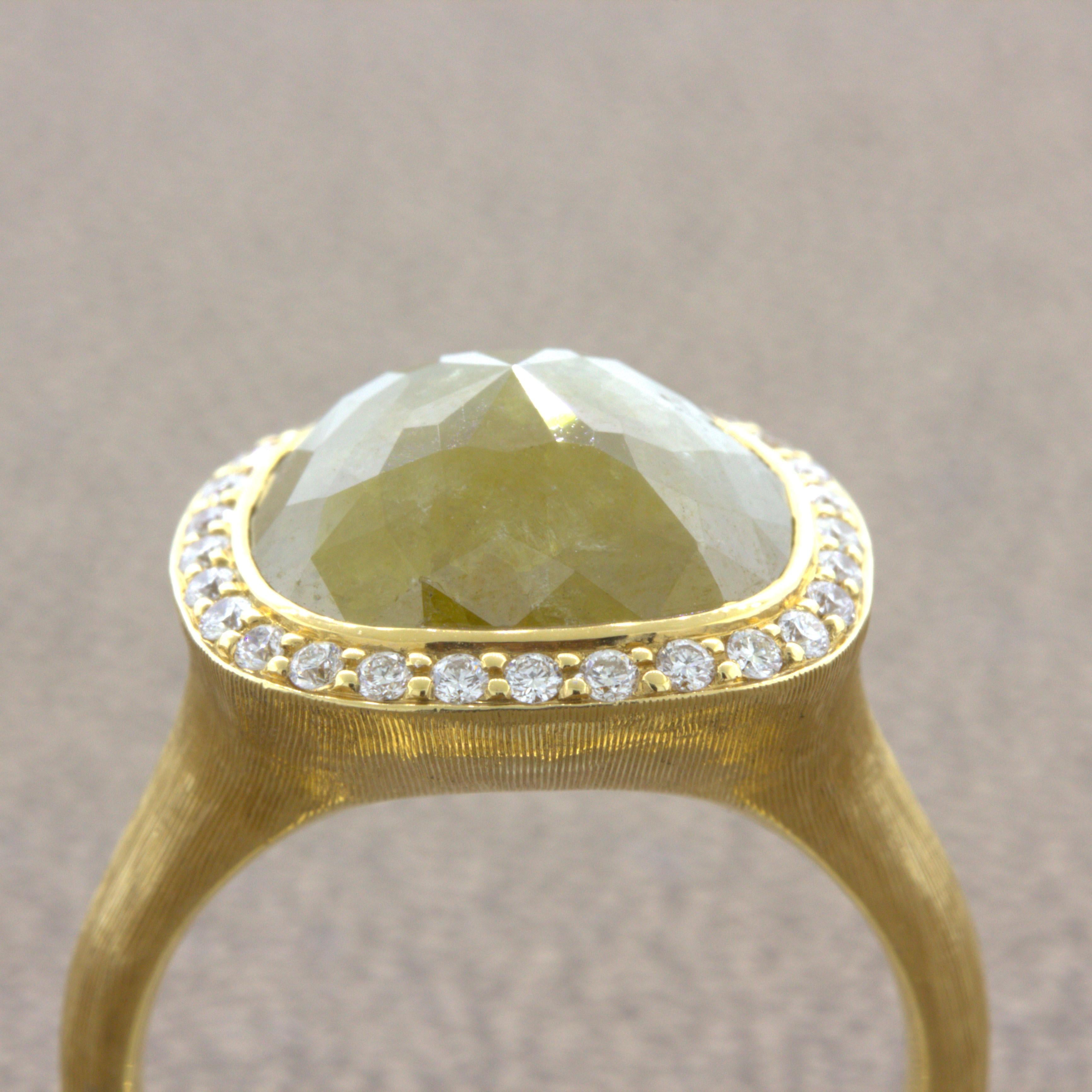 8.75 Carat Fancy Yellow Rose-cut Diamond Halo 18k Yellow Gold Ring For Sale 2