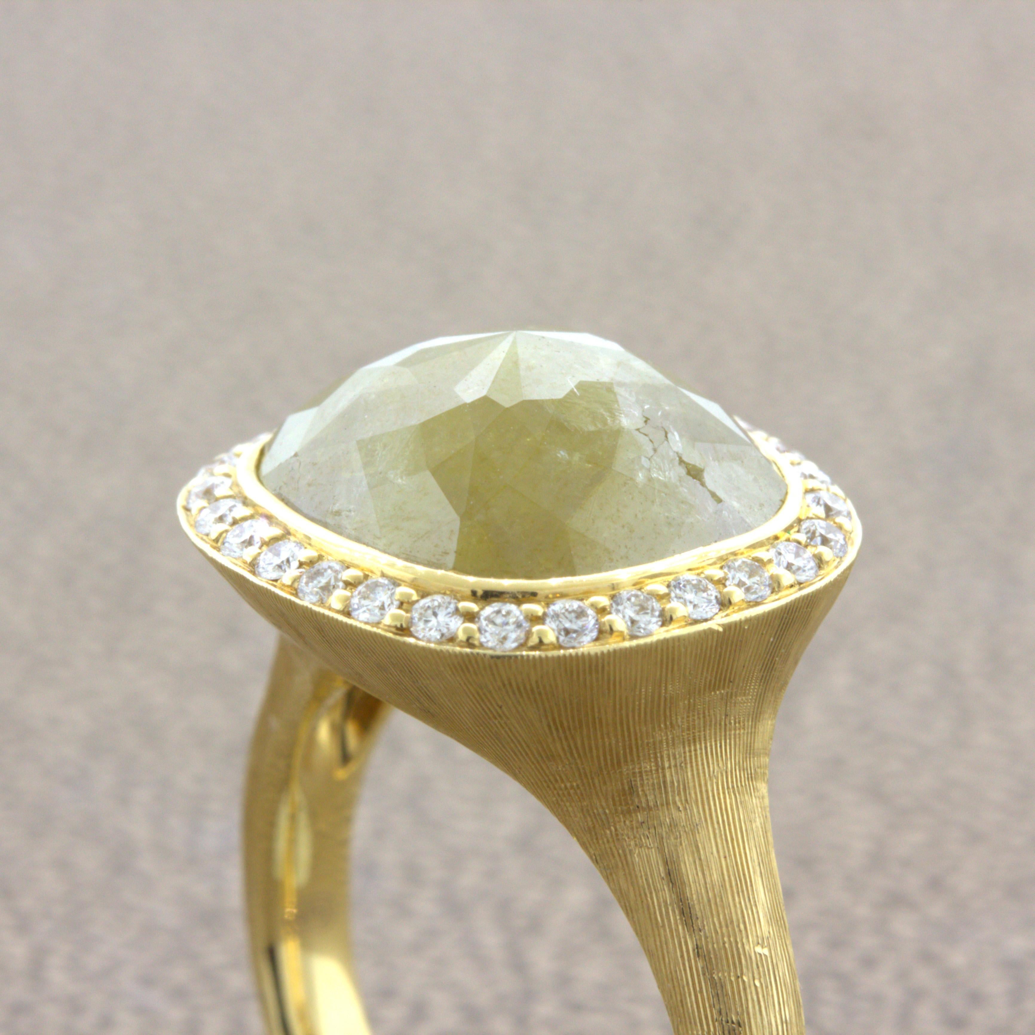 8.75 Carat Fancy Yellow Rose-cut Diamond Halo 18k Yellow Gold Ring For Sale 3