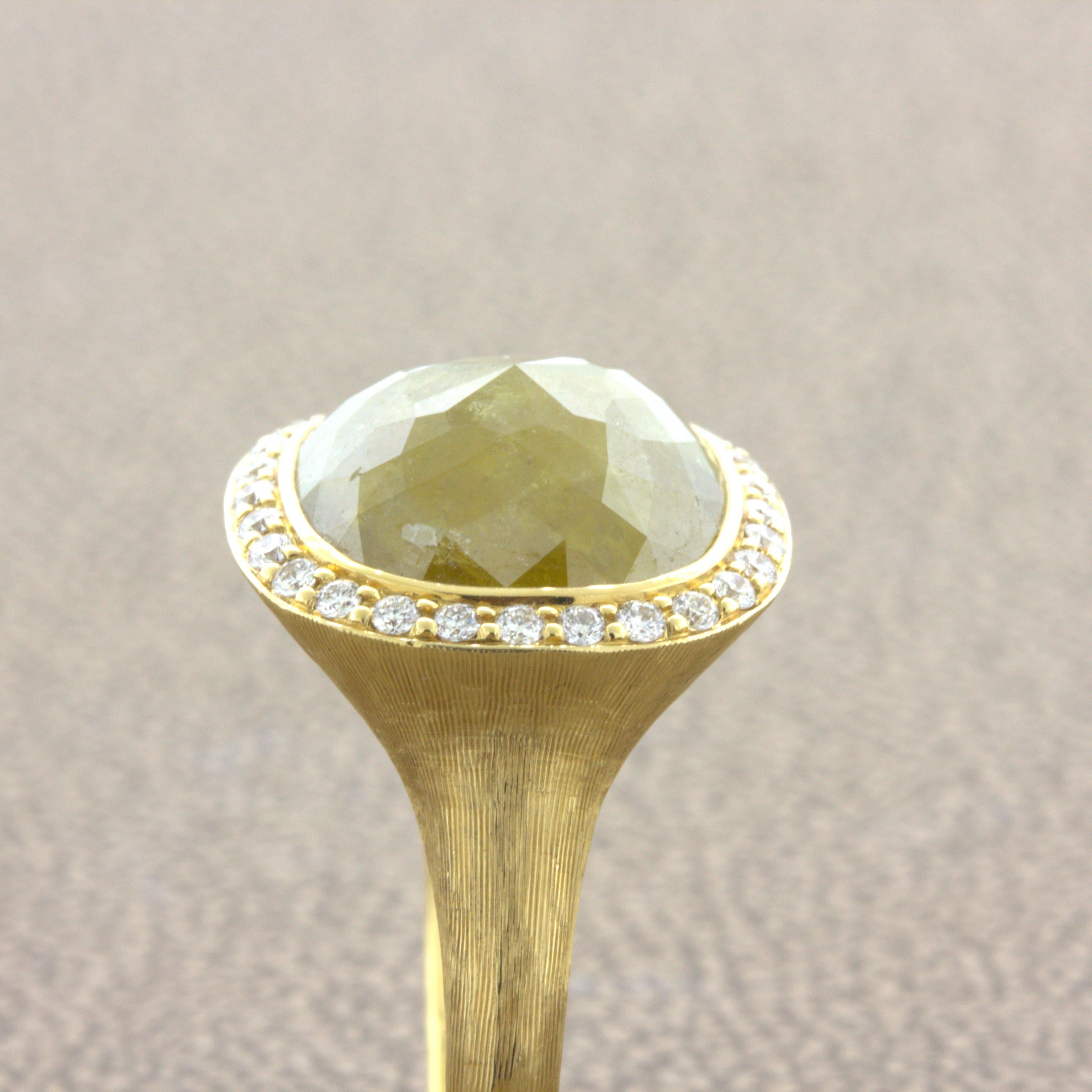 8.75 Carat Fancy Yellow Rose-cut Diamond Halo 18k Yellow Gold Ring For Sale 4