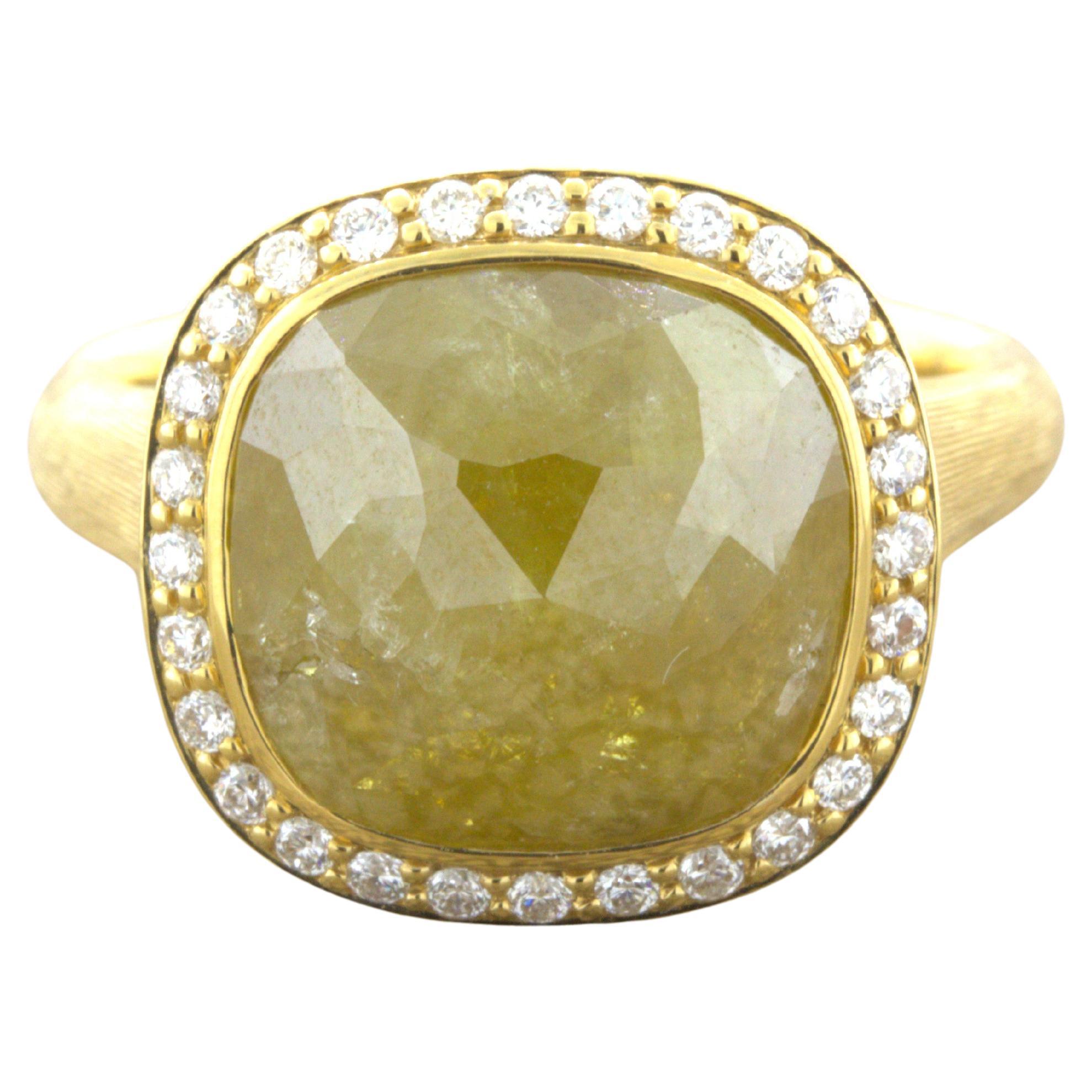 8.75 Carat Fancy Yellow Rose-cut Diamond Halo 18k Yellow Gold Ring For Sale