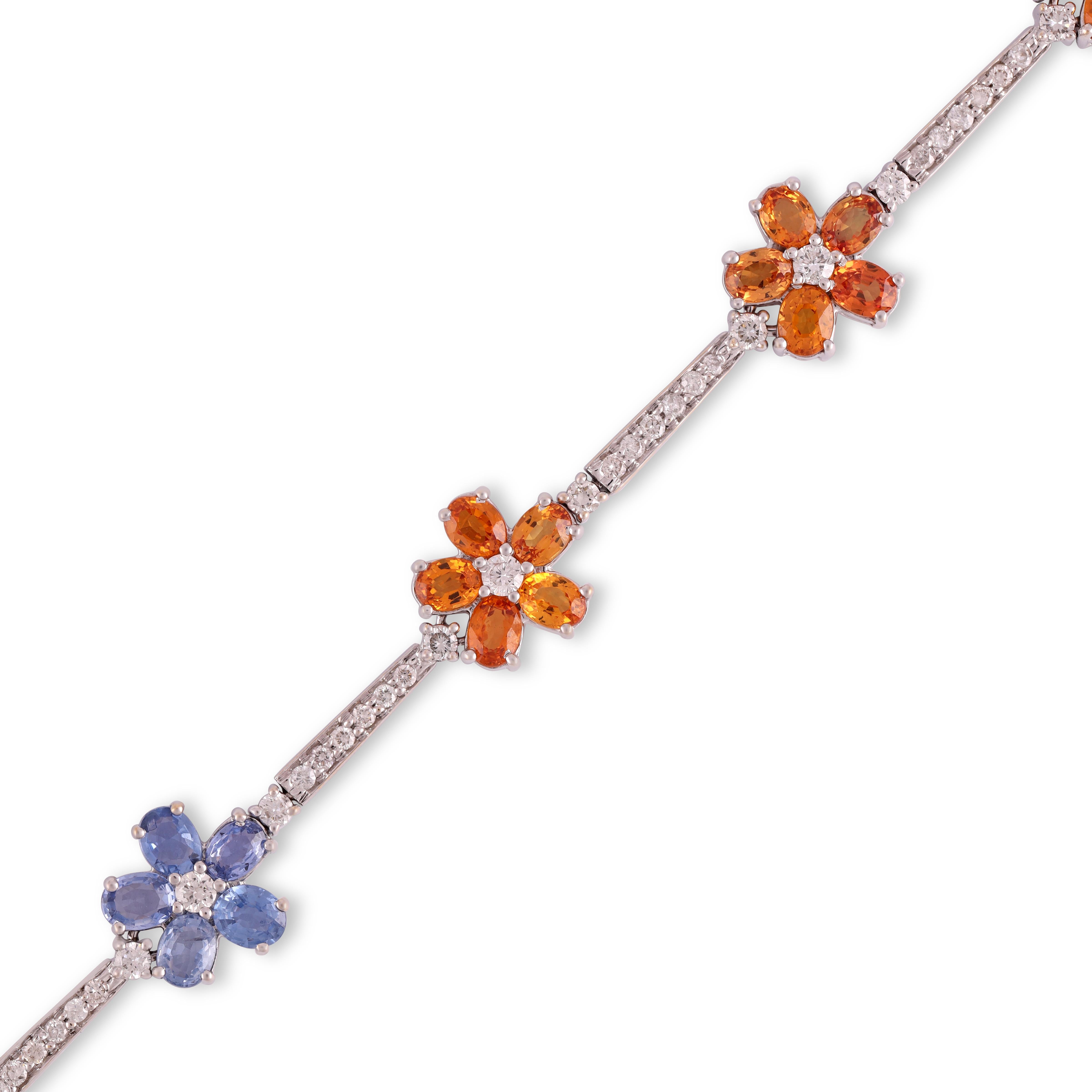 Modernist 8.75 Carat Flower Multi-Sapphire & Diamond Tennis Bracelet For Sale