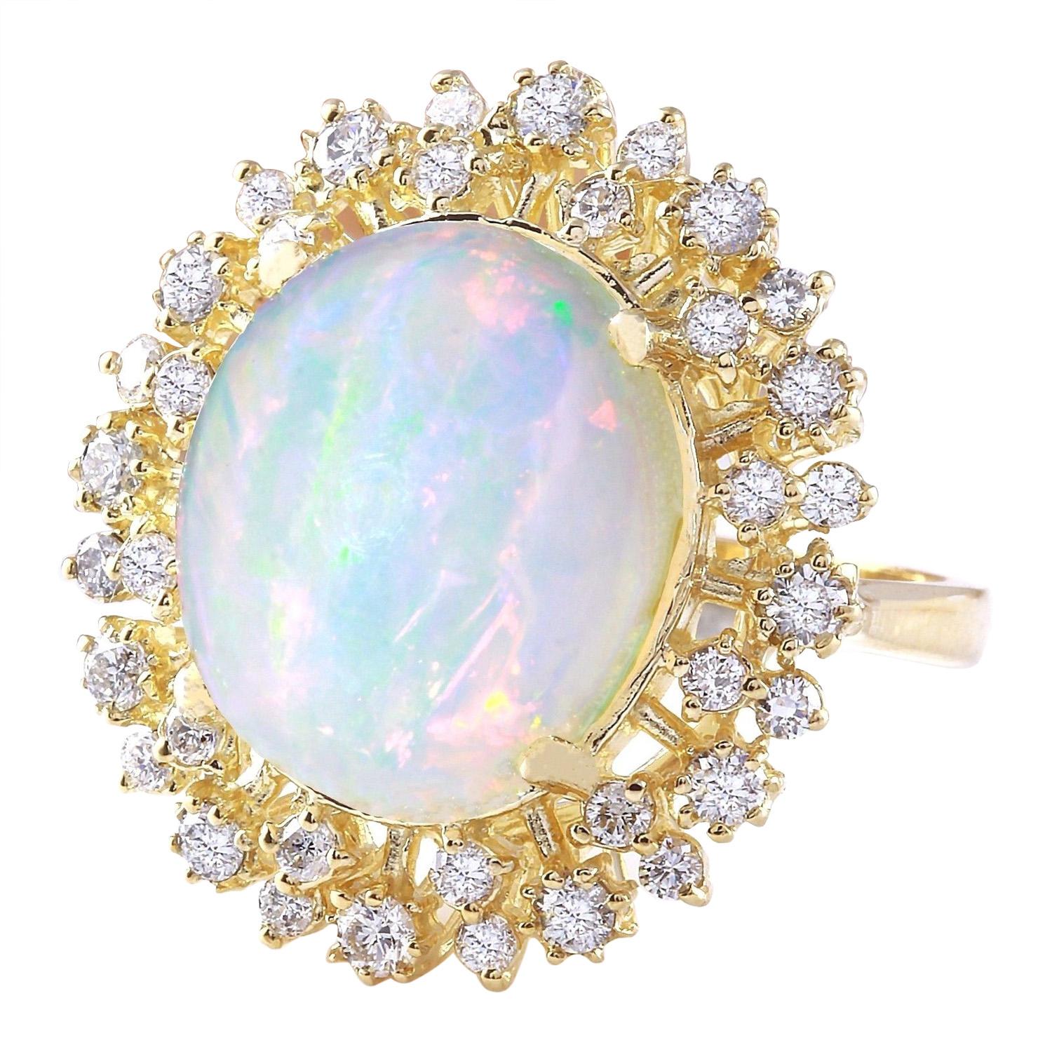 8.75 Carat Natural Opal 14K Solid Yellow Gold Diamond Ring
 Item Type: Ring
 Item Style: Cocktail
 Material: 14K Yellow Gold
 Mainstone: Opal
 Stone Color: Multicolor
 Stone Weight: 7.35 Carat
 Stone Shape: Oval
 Stone Quantity: 1
 Stone Dimensions: