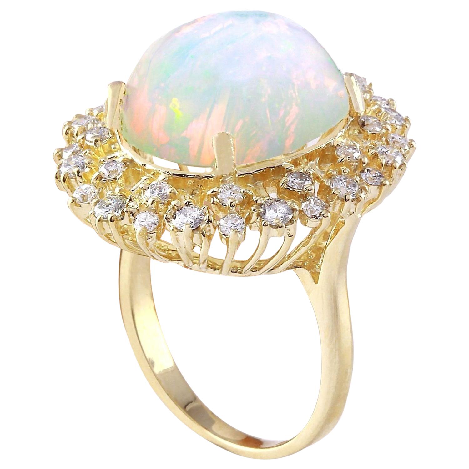 Oval Cut Natural Opal Diamond Ring In 14 Karat Solid Yellow Gold  For Sale