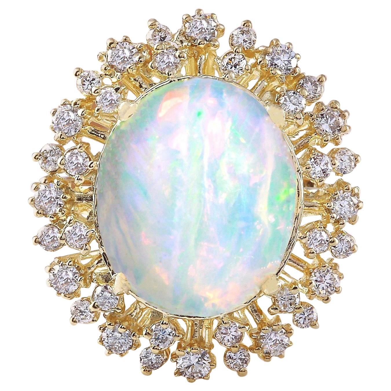 Natürlicher Opal-Diamantring aus 14 Karat massivem Gelbgold 