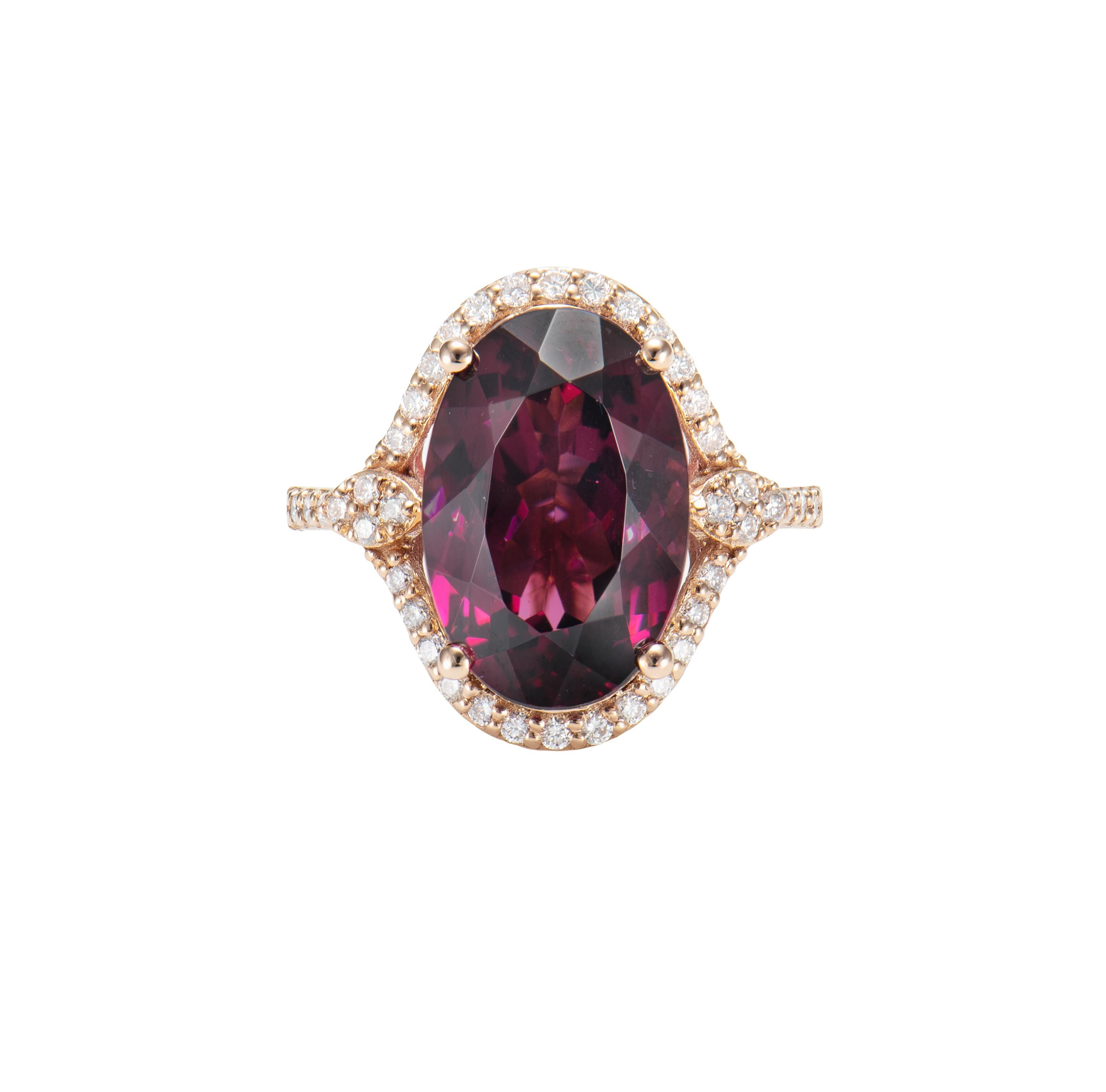 Contemporary Sunita Nahata Rhodolite 8.75ct. Cocktail Ring in 18KRG with White Diamond. For Sale