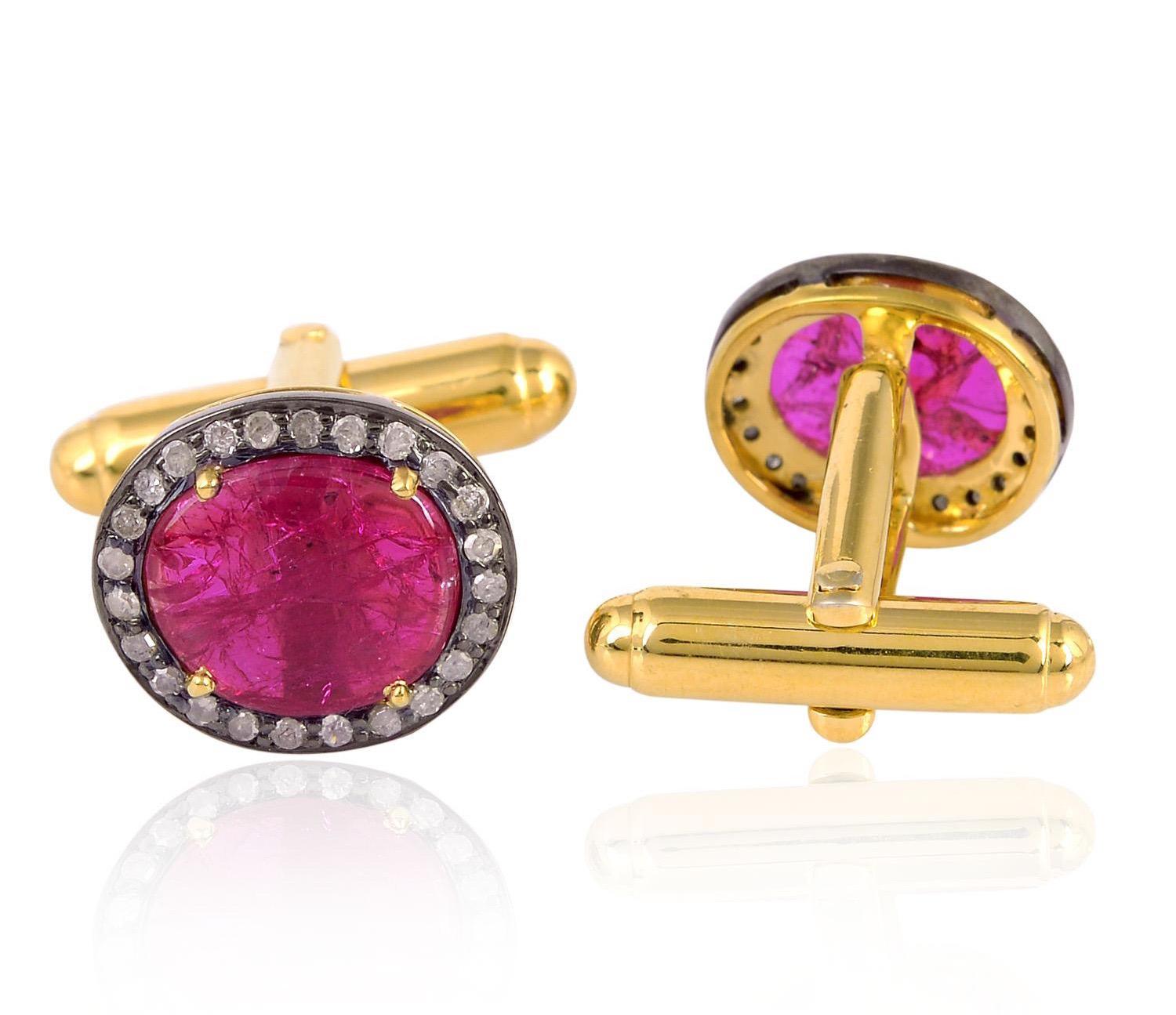 Cast from 18-karat gold and sterling silver, these cuff links are hand set with 8.75 carats Ruby and .43 carats of pave diamonds in blackened finish.

FOLLOW  MEGHNA JEWELS storefront to view the latest collection & exclusive pieces.  Meghna Jewels