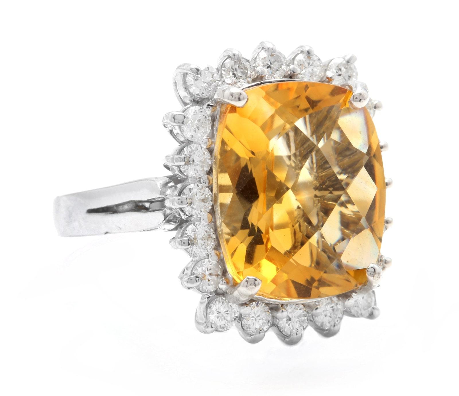 8.75 Carats Natural Very Nice Looking Citrine and Diamond 14K Solid White Gold Ring

Total Natural Cushion Citrine Weight is: Approx. 8.00 Carats

Citrine Measures: Approx. 14.00 x 12.00mm

Natural Round Diamonds Weight: Approx. 0.75 Carats (color