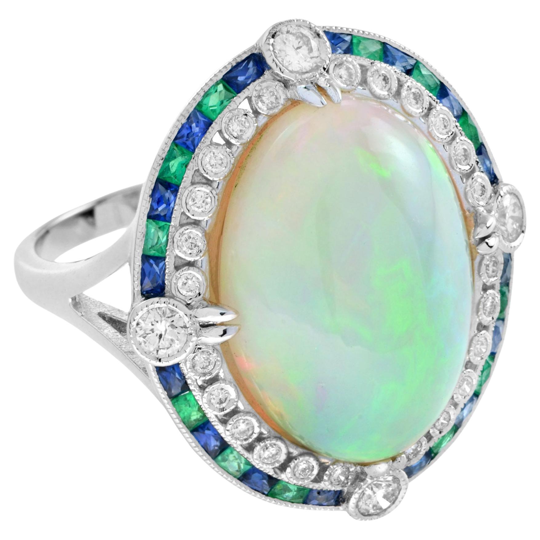 8,75 Ct. Opal mit Diamant-Saphir-Smaragd-Cocktailring aus 18 Karat Weißgold