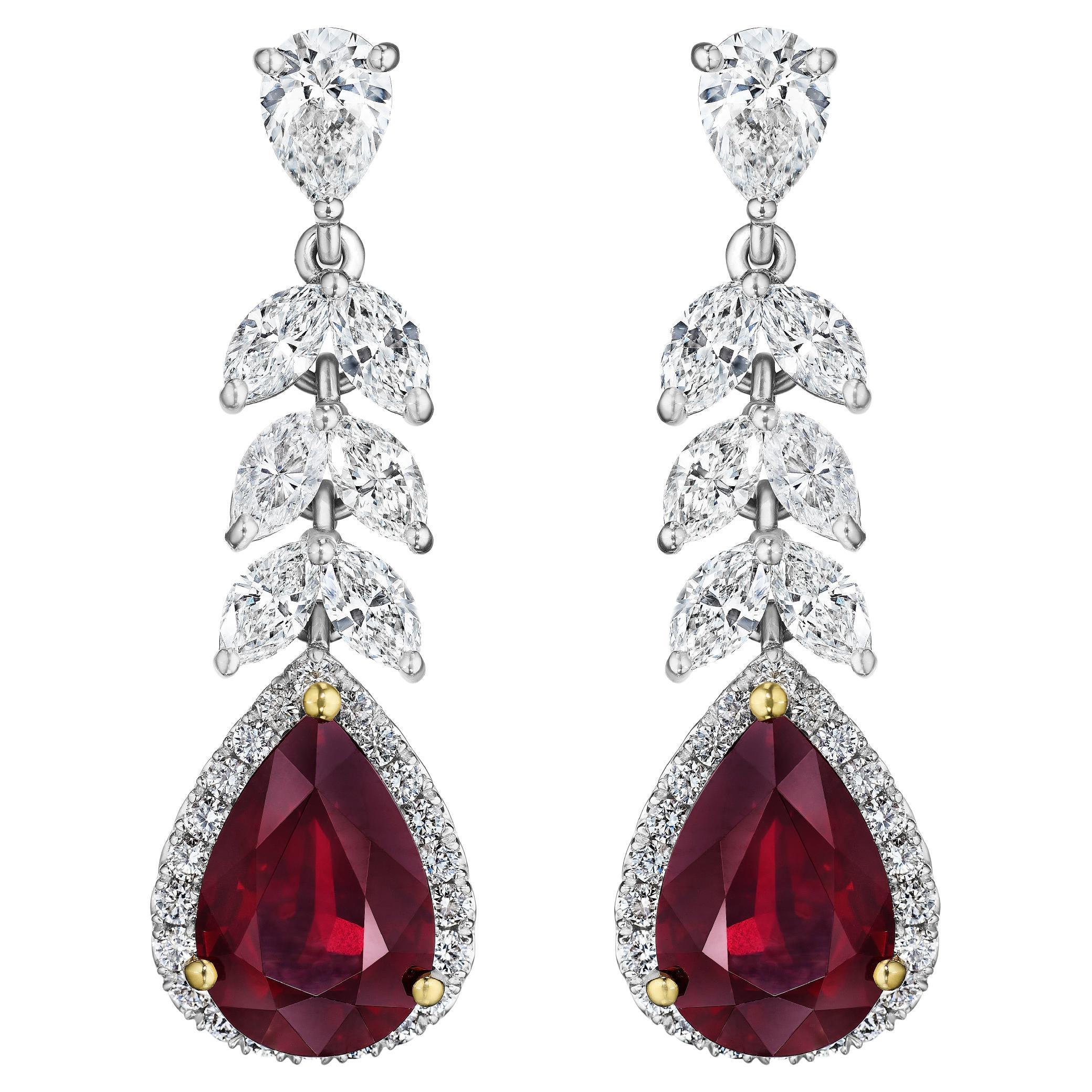 8.75ct GRS Certified Unheated Mozambique Pear Shape Ruby & Diamond Earrings 18KT For Sale