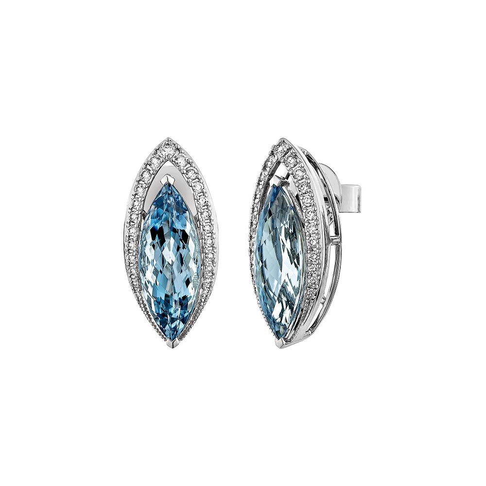 Marquise Cut Sunita Nahata Aquamarine  8.76ct. Stud Earring in 18KWG with White Diamond. For Sale