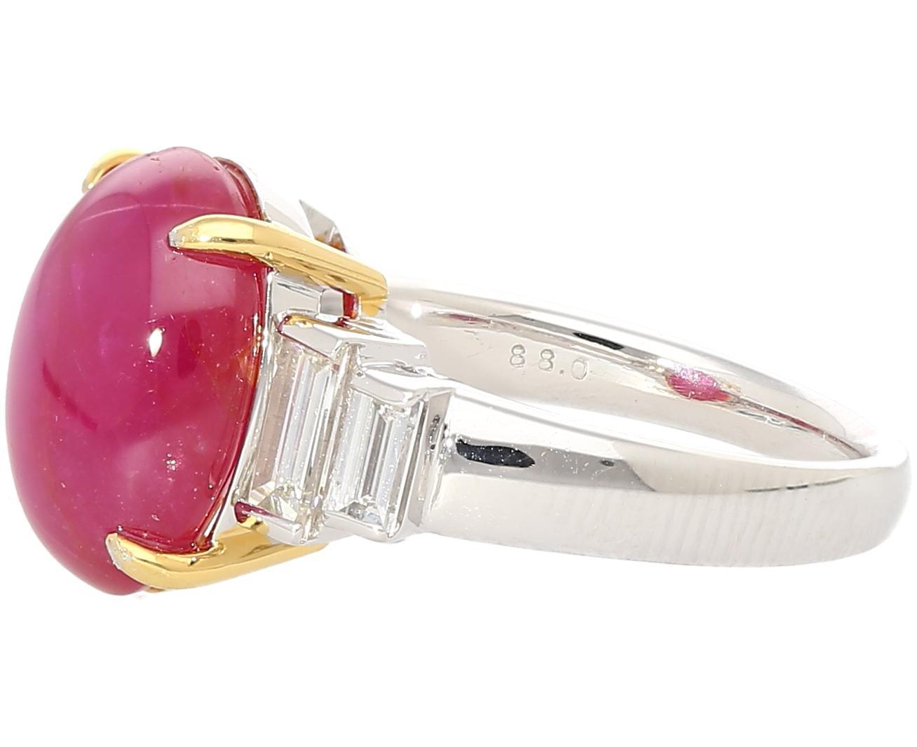 GRS certified 8.76 carat unheated star ruby cabochon ring set in platinum with 0.88 carat baguette cut diamonds. Burmese origin with strong six-ray asterism and elegant two-tone prong design. Ring size 6, adjustable. 

Details:
Item Type: Statement
