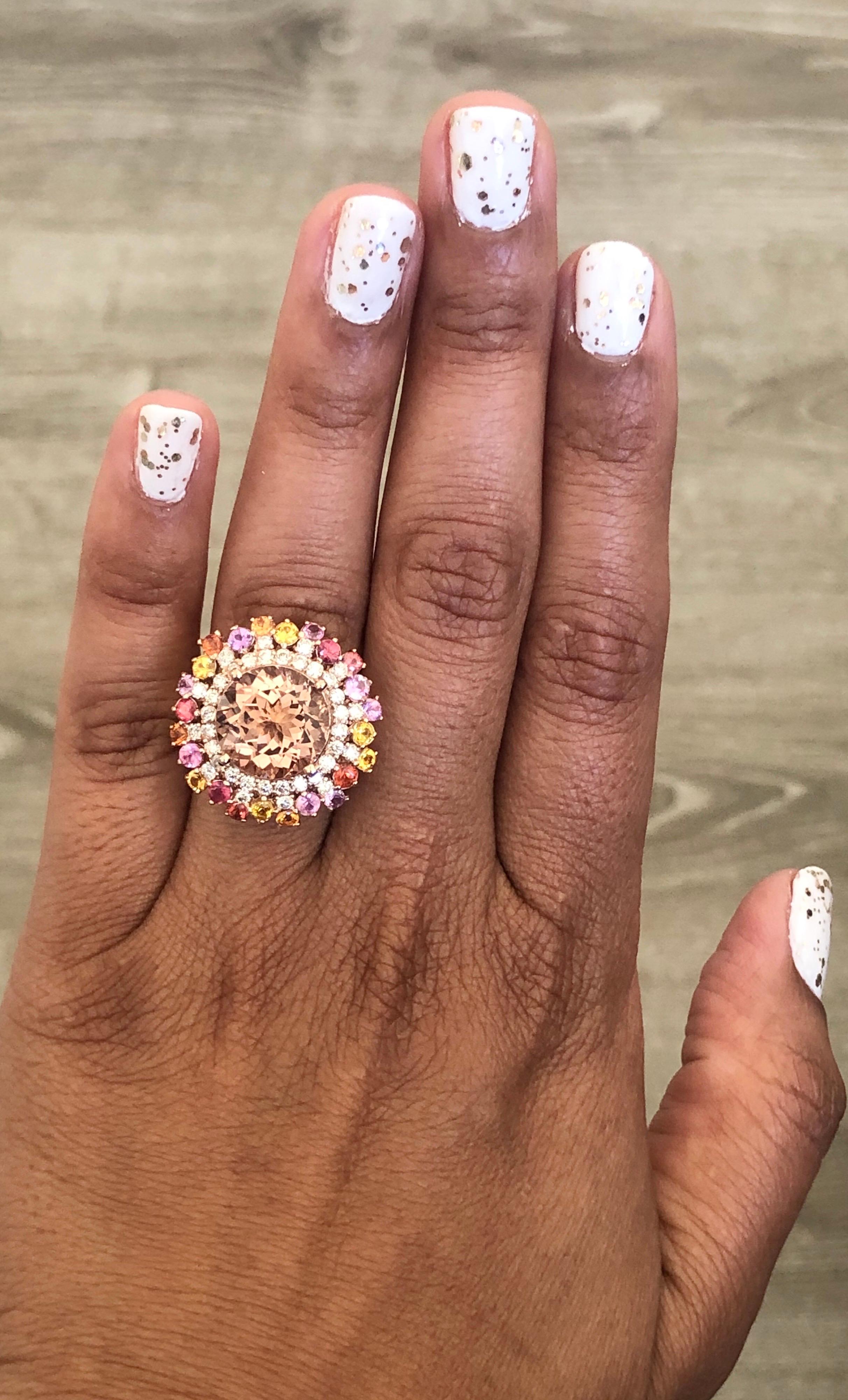 Contemporary 8.76 Carat Morganite Sapphire Diamond Rose Gold Cocktail Ring For Sale