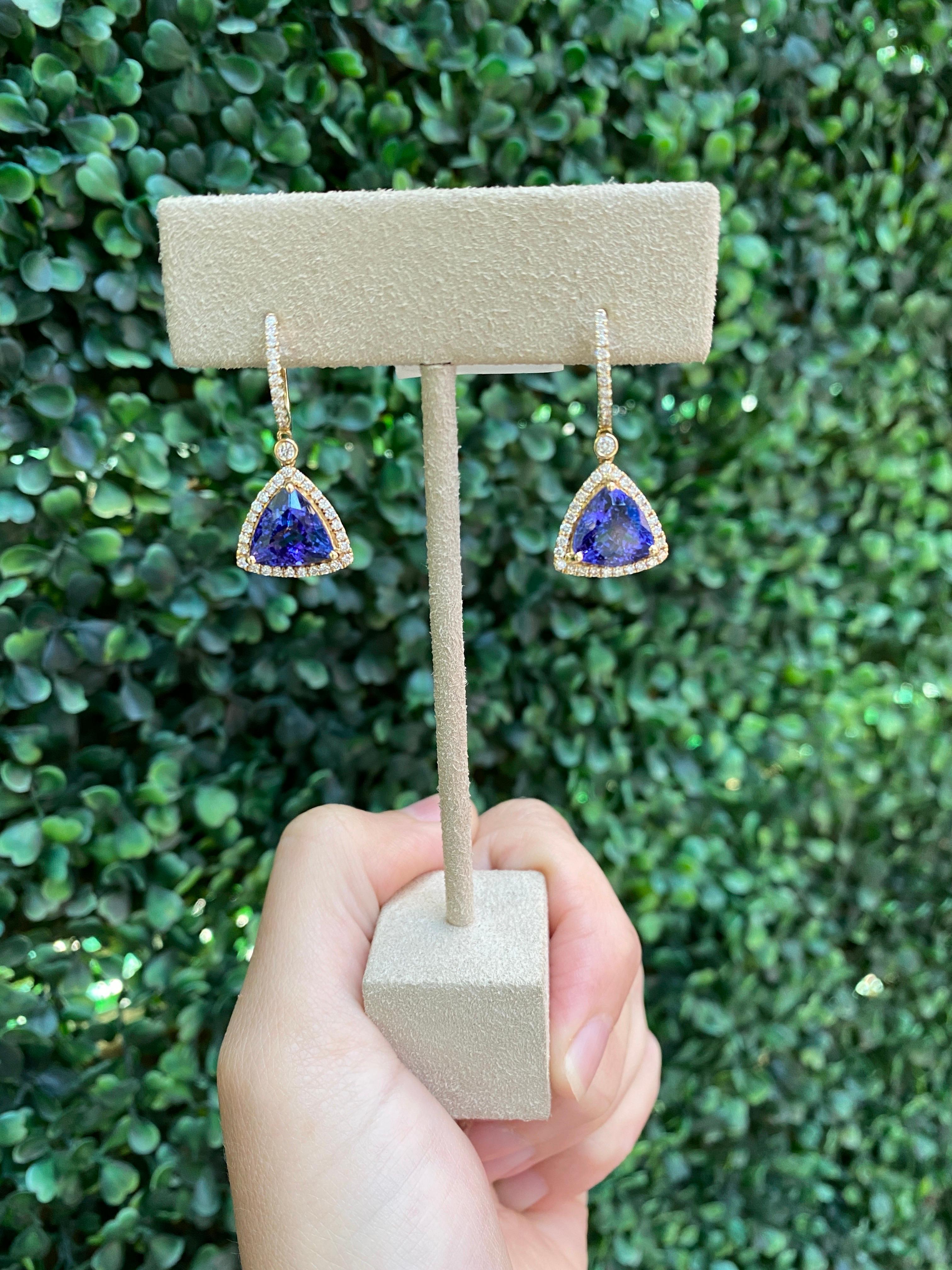 8.76 Carat Total Weight Trillion Cut Tanzanite & Diamond Dangle Earrings In Excellent Condition In Houston, TX