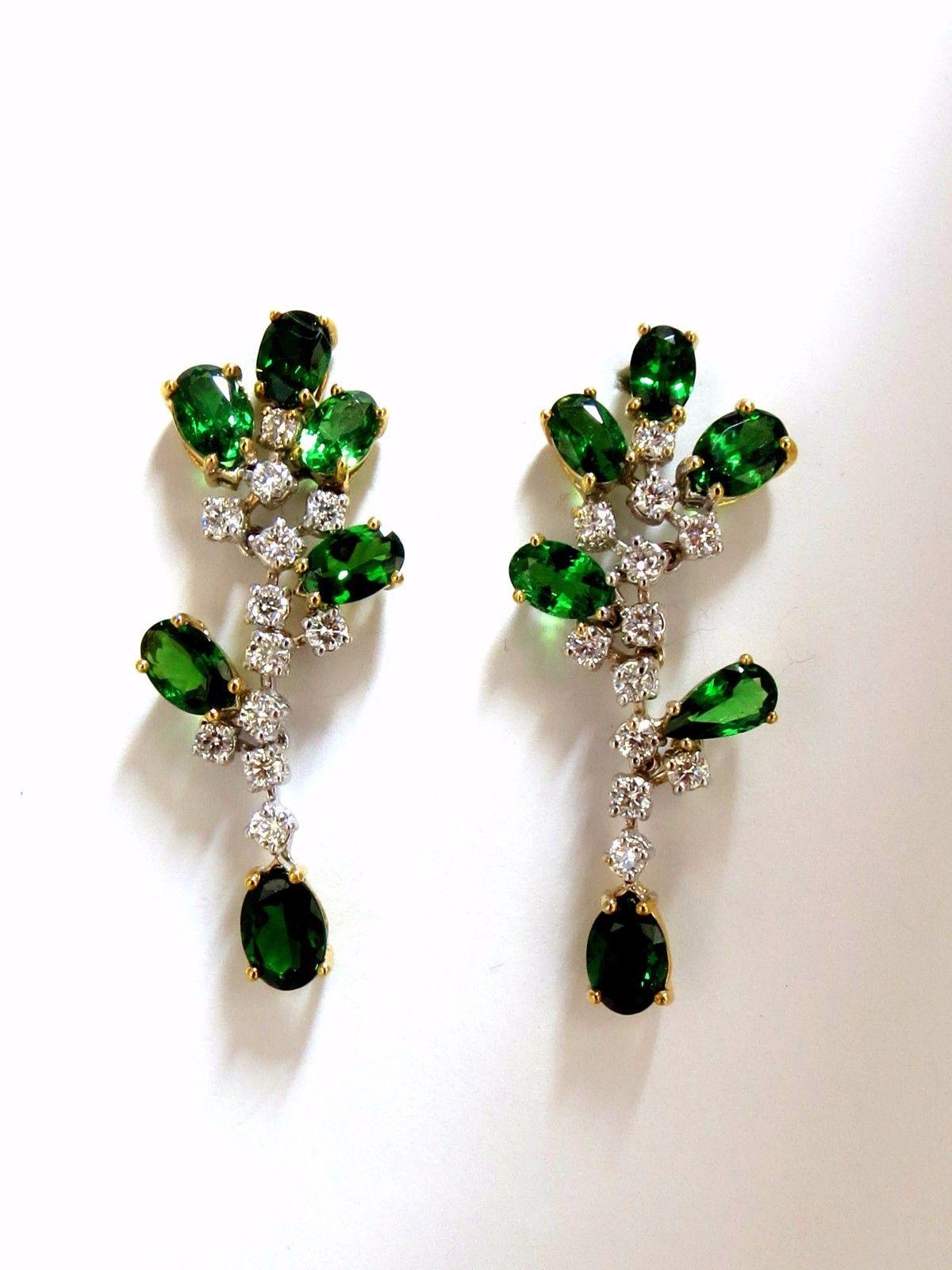 Oval Cut 8.77ct natural vivid green tsavorite diamond dangle earrings 18kt cluster vine For Sale