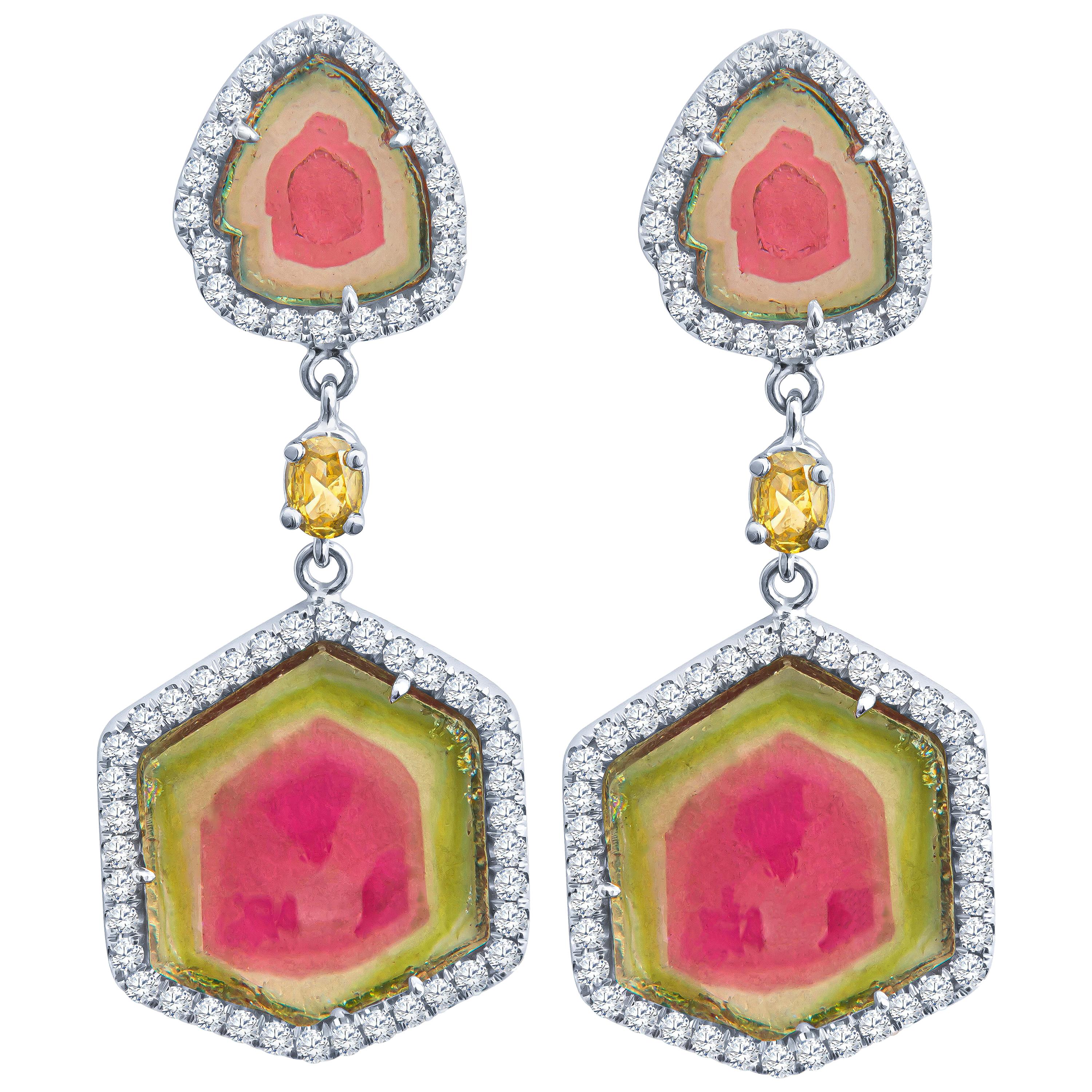 8.77ct Tri-Color Tourmaline Earrings w 1.05ct Diamond and 0.25ct Green Diamond