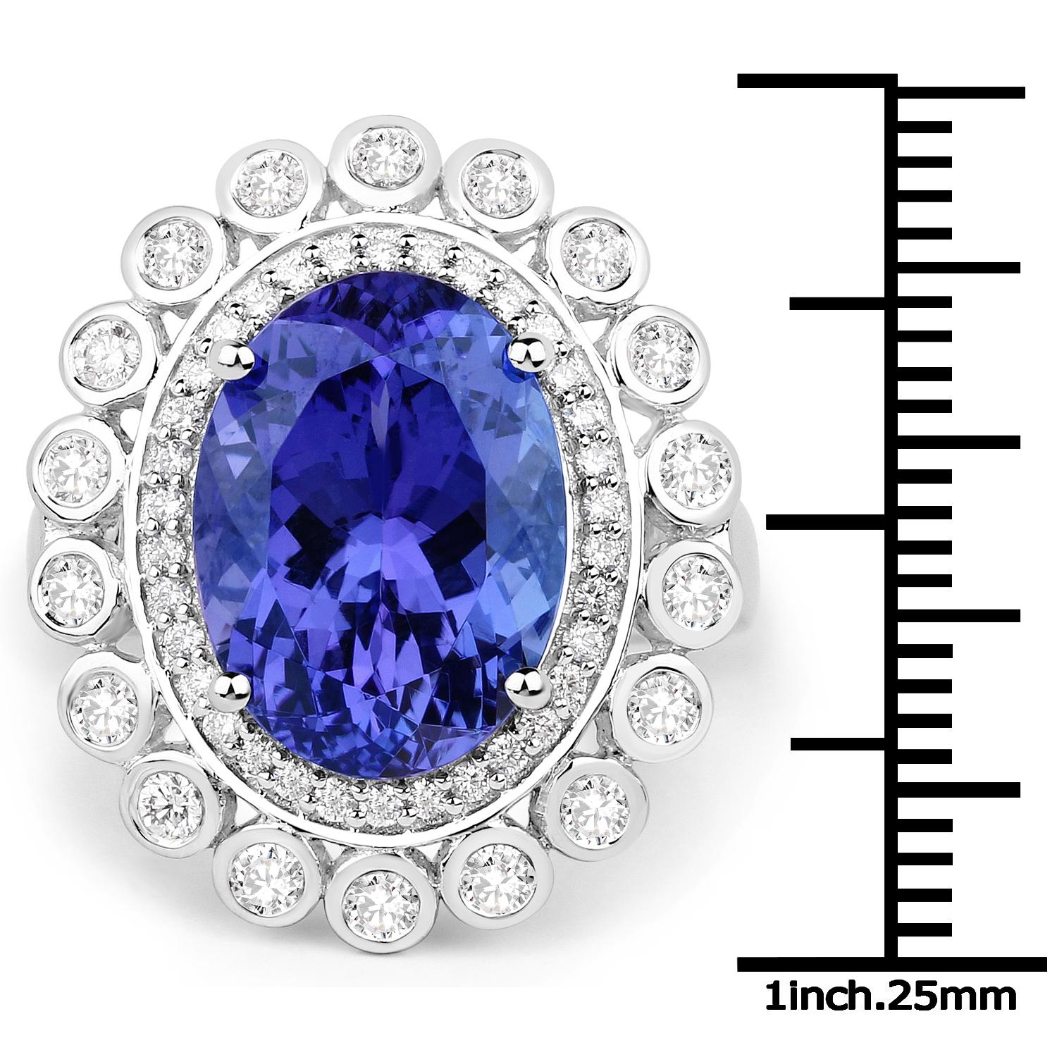 Contemporary 8.78 Carat Genuine Tanzanite and Diamond 18 Karat White Gold Cocktail Ring For Sale