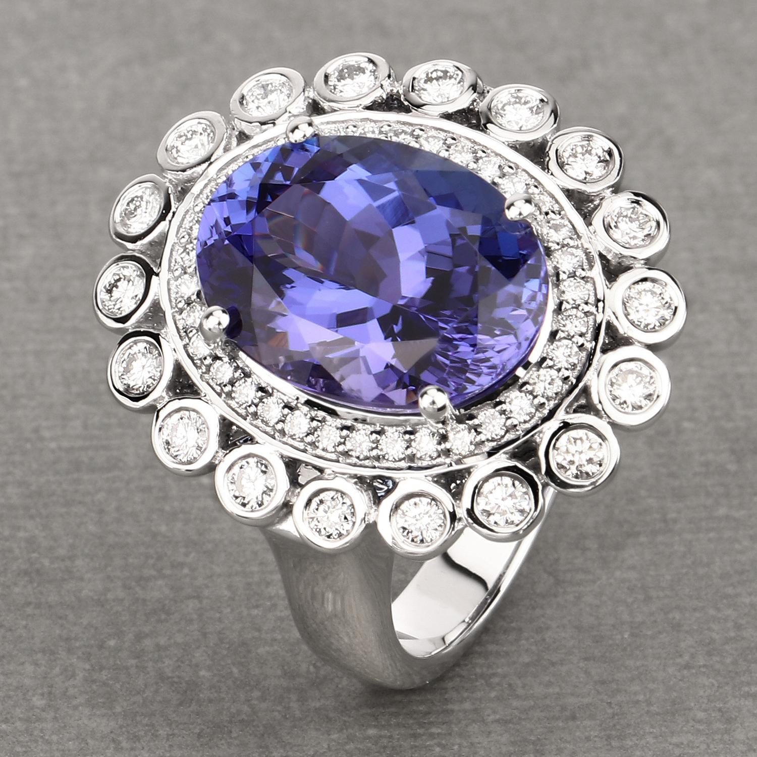 Oval Cut 8.78 Carat Genuine Tanzanite and Diamond 18 Karat White Gold Cocktail Ring For Sale