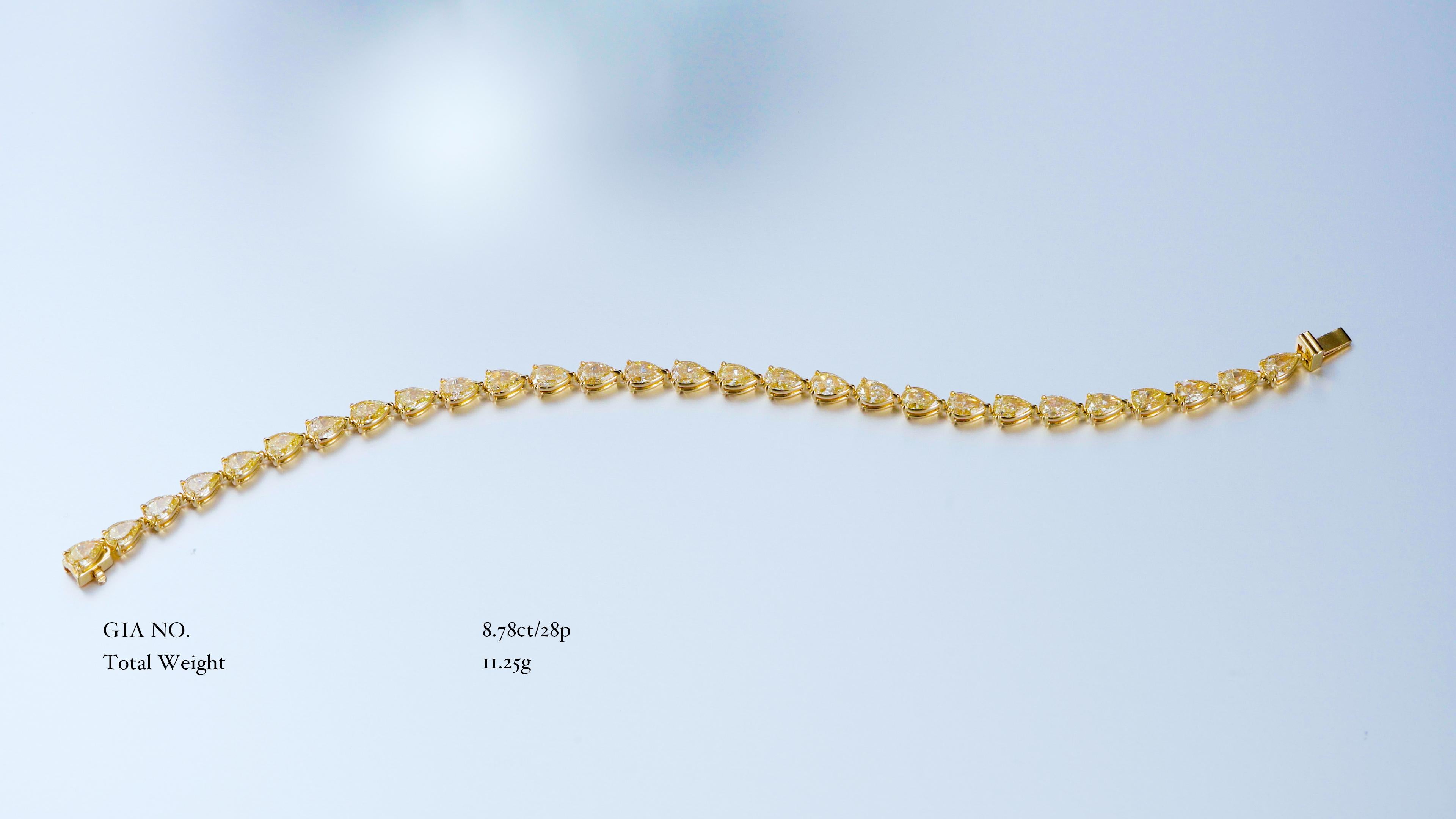 8,78CT Tennisarmband aus birnenförmigen, natürlichen, hellgelben Diamanten in 18k (Tropfenschliff) im Angebot